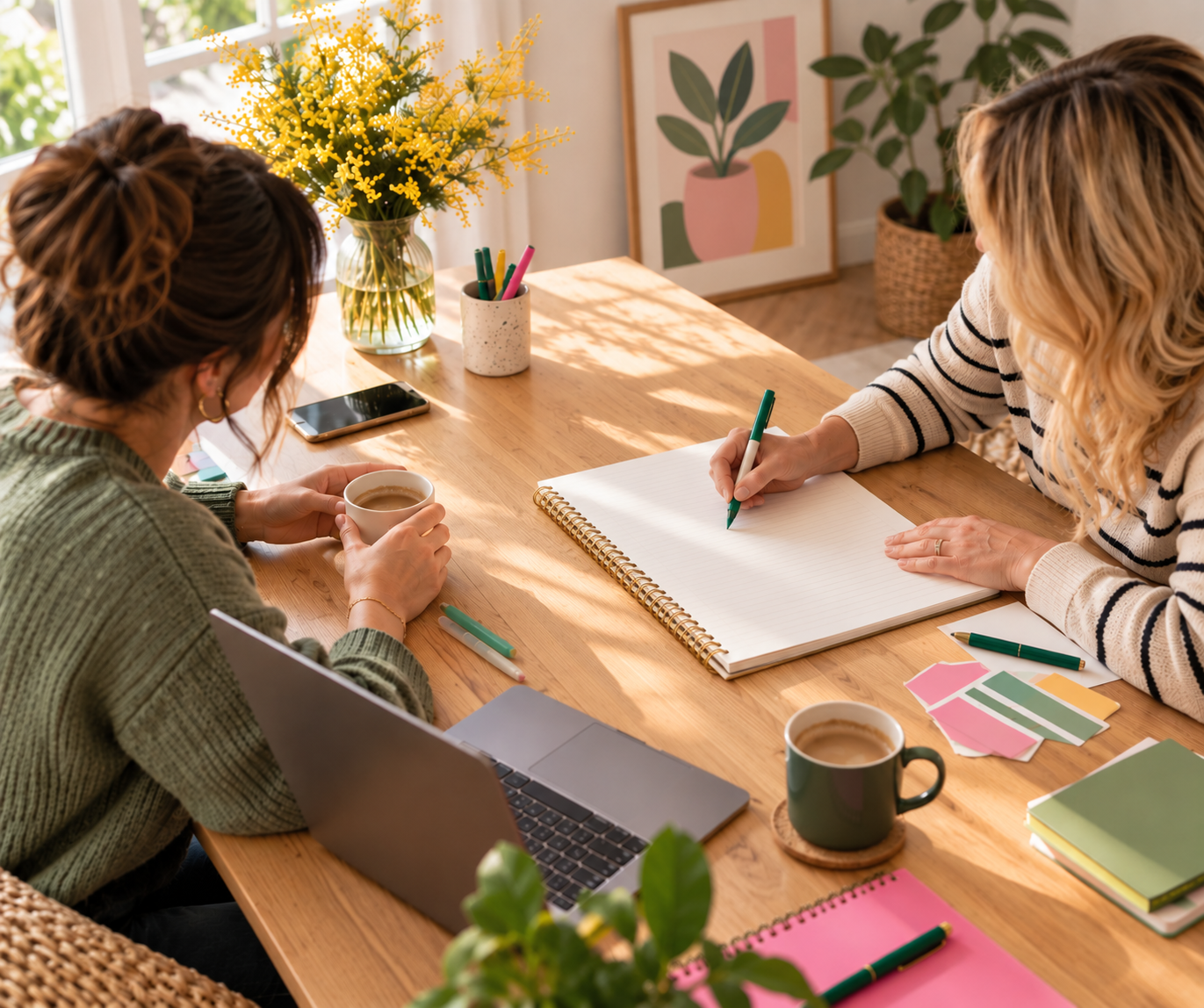 Two women sitting at a wooden table working together, one is drinking coffee while writing in a notebook and the other is taking notes. The table has coffee mugs, a laptop, colorful paper, and pens. The room is bright with sunlight and decorated with plants and framed artwork.