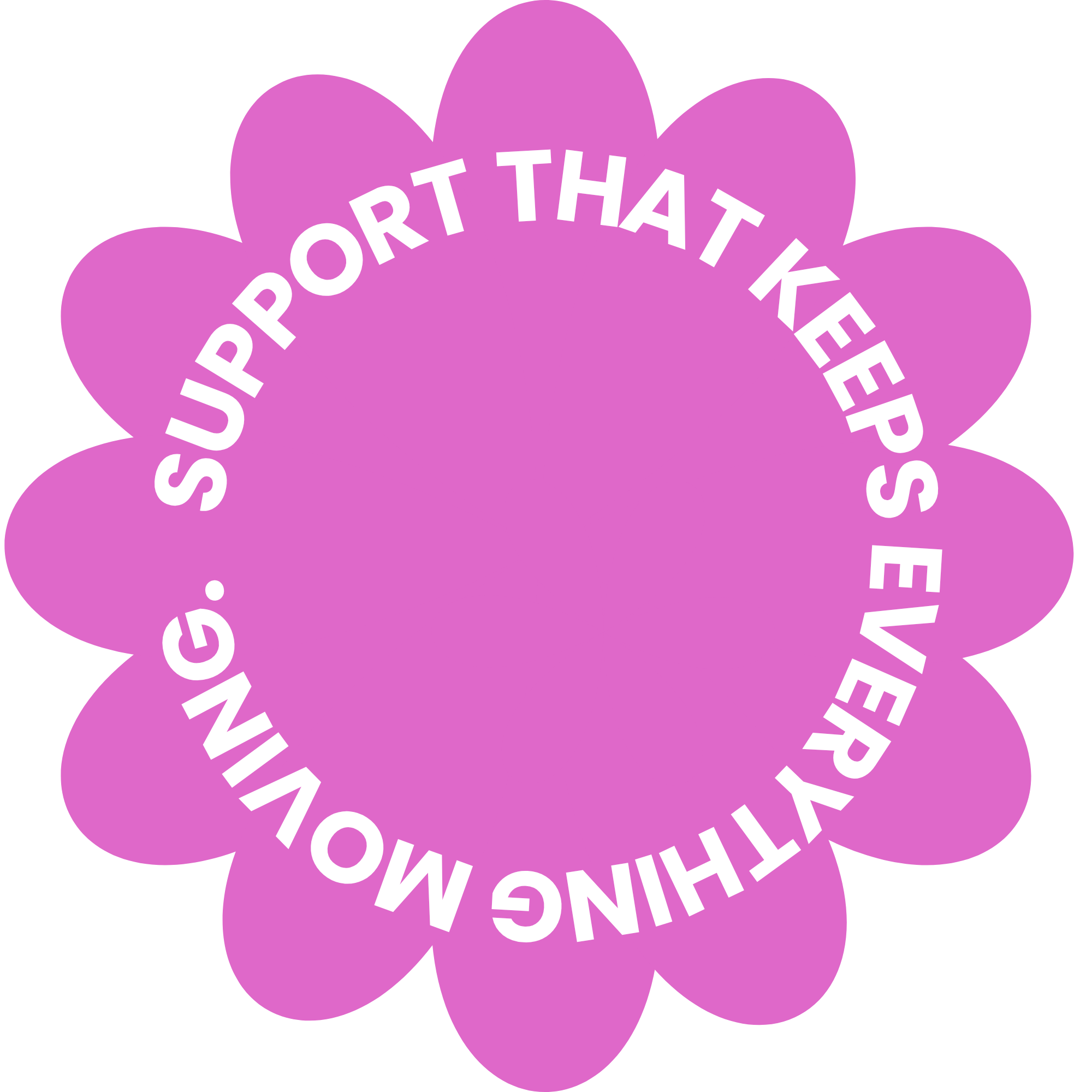 Purple flower-shaped graphic with white text that reads 'UPPORT THAT KEEPS'. Followed by other text that is not fully visible.