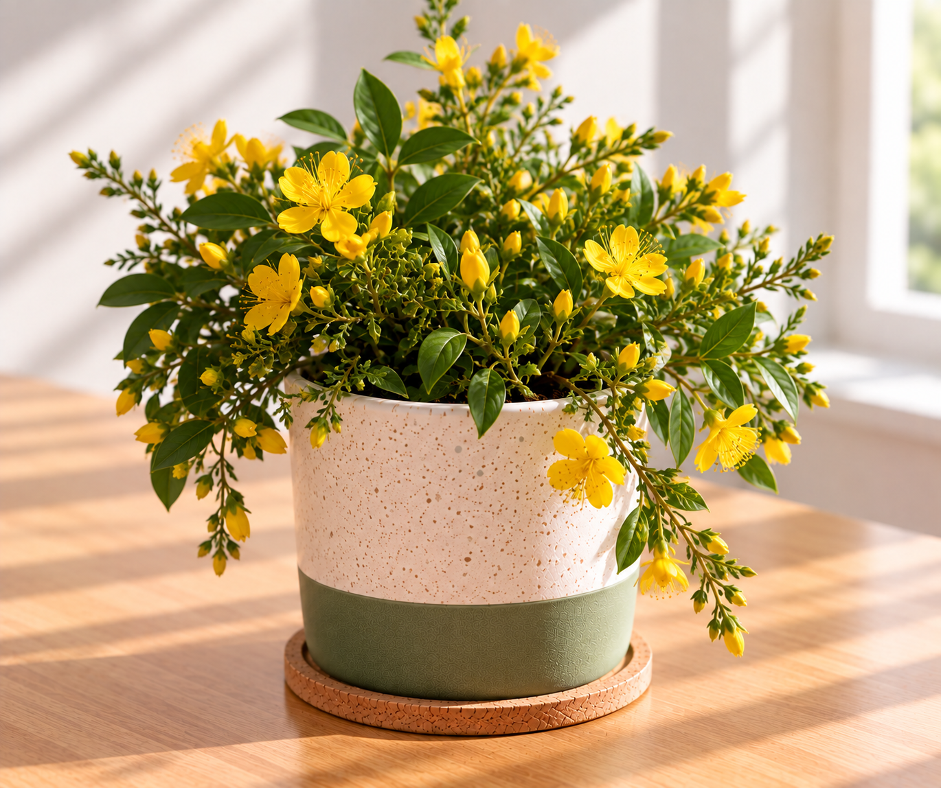 Yellow flowering plant in a speckled white and green ceramic pot on a wooden surface near a window