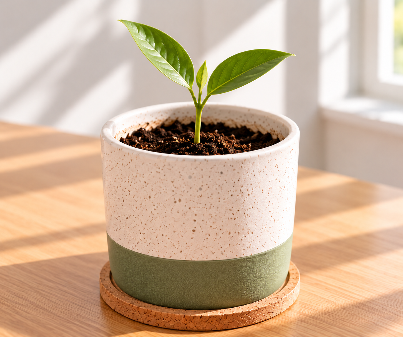 A small green plant growing in a ceramic pot with a speckled white upper half and a green lower half, placed on a wooden surface near a window with sunlight streaming in.