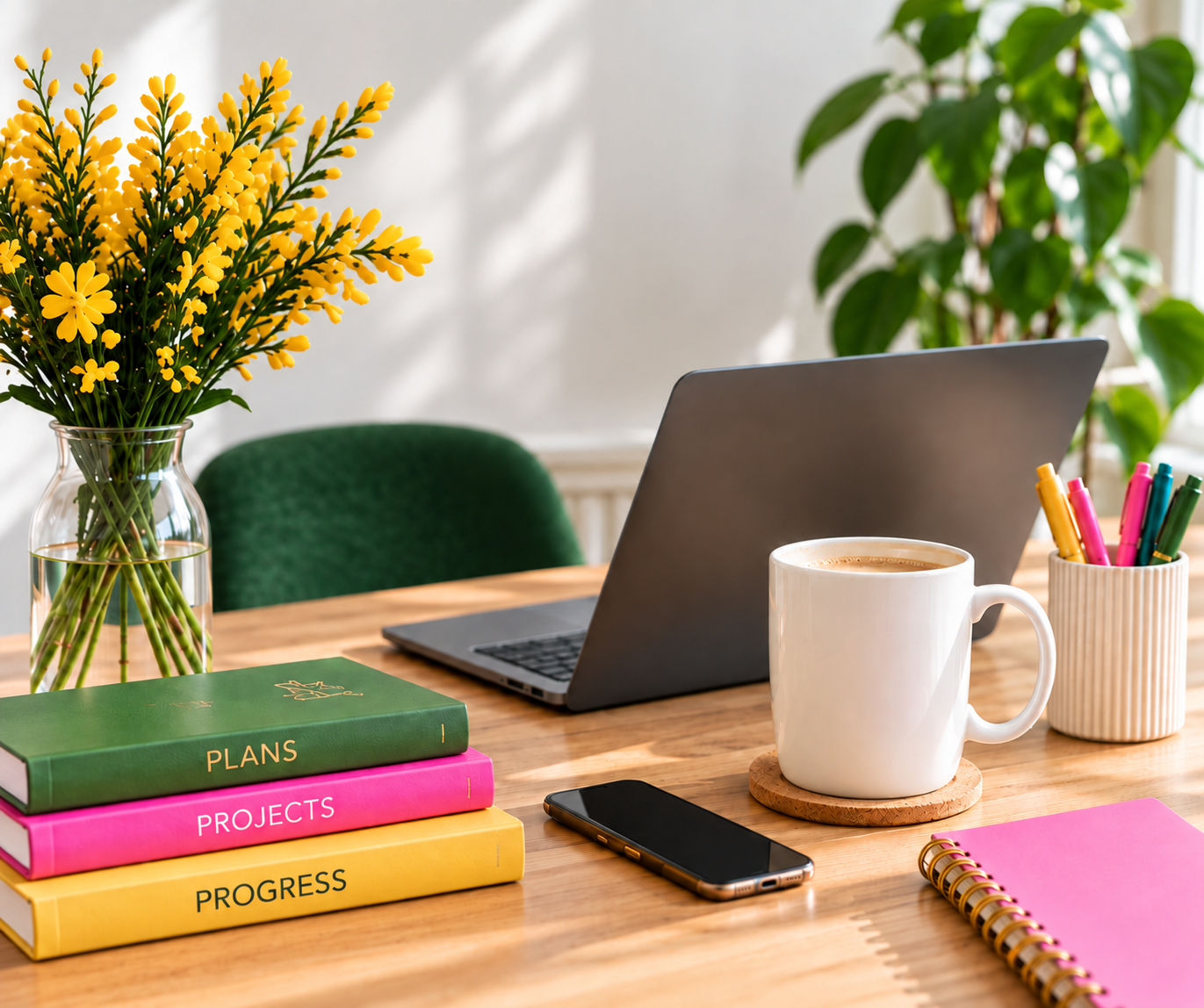 A wooden desk with a computer, a white mug of coffee, a smartphone, colorful pens in a ceramic holder, a bouquet of yellow flowers in a glass vase, notebooks labeled 'Plans,' 'Projects,' and 'Progress,' and a pink spiral notebook with a gold pen. There is a green chair and a large plant in the background, with natural light illuminating the scene.