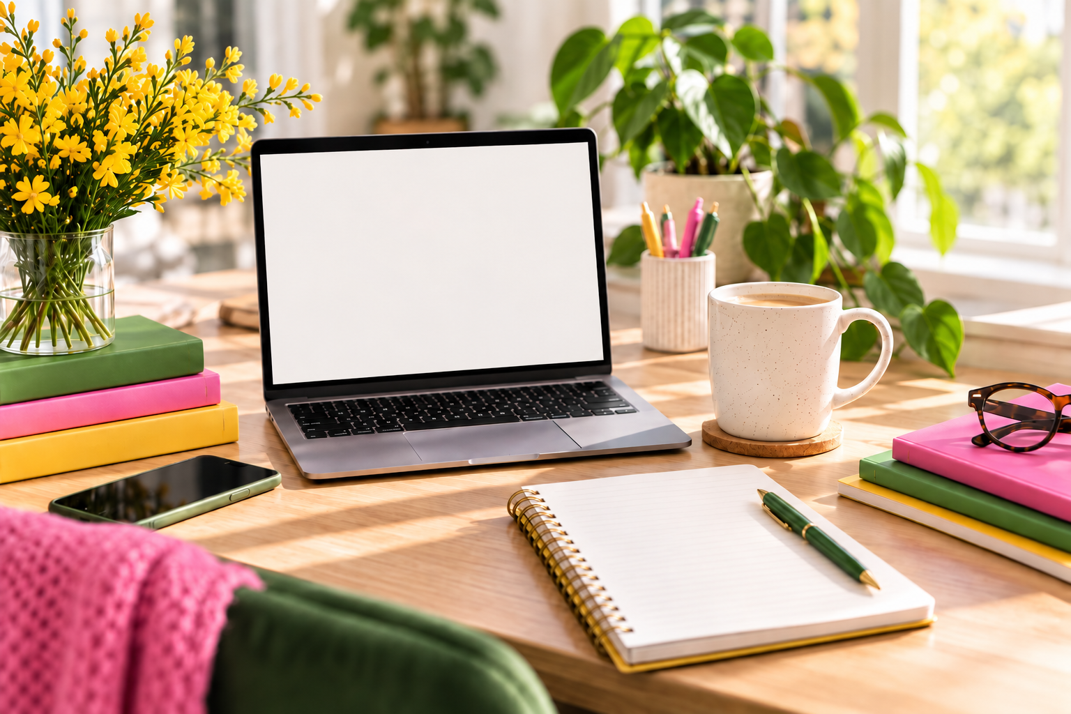 A tidy workspace with a laptop, a notebook, a pen, a mug of coffee, flowers, colored books, a smartphone, and plants on a wooden desk.