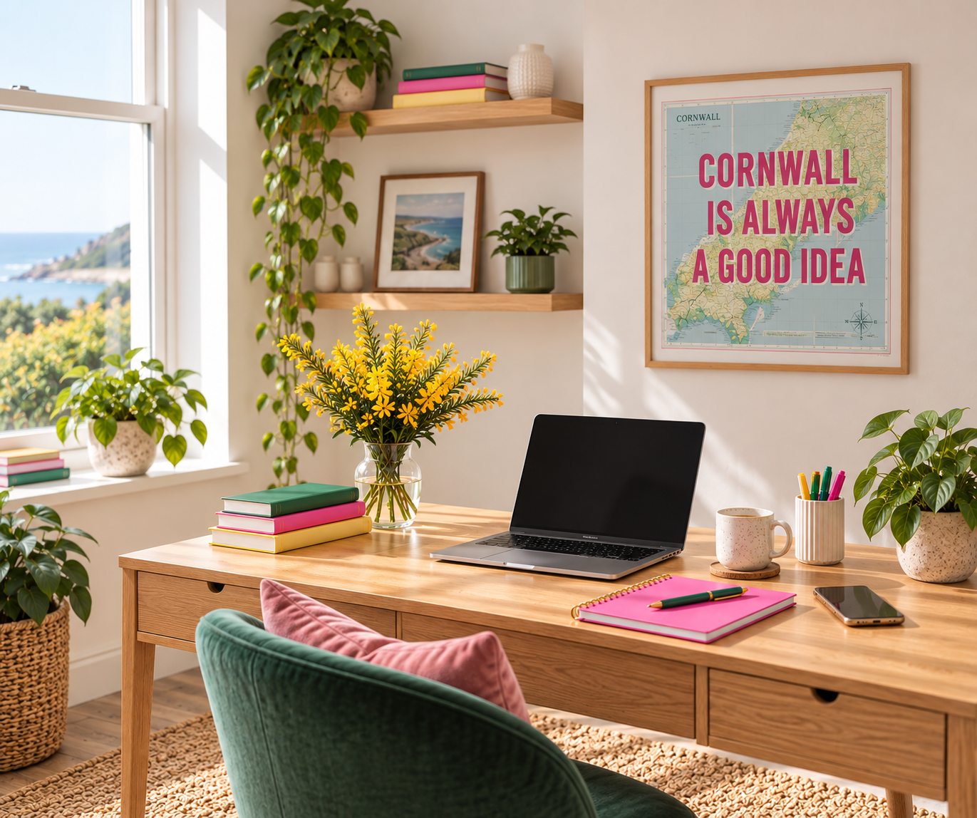 A bright home office with a wooden desk holding a laptop, pink notebook, pen, mug, and potted plants. A window reveals a scenic view of the ocean and coastline. Plants and framed artwork decorate the space, with a large map on the wall reading 'CORNWALL IS ALWAYS A GOOD IDEA.' Pink and green accents are prominent throughout.
