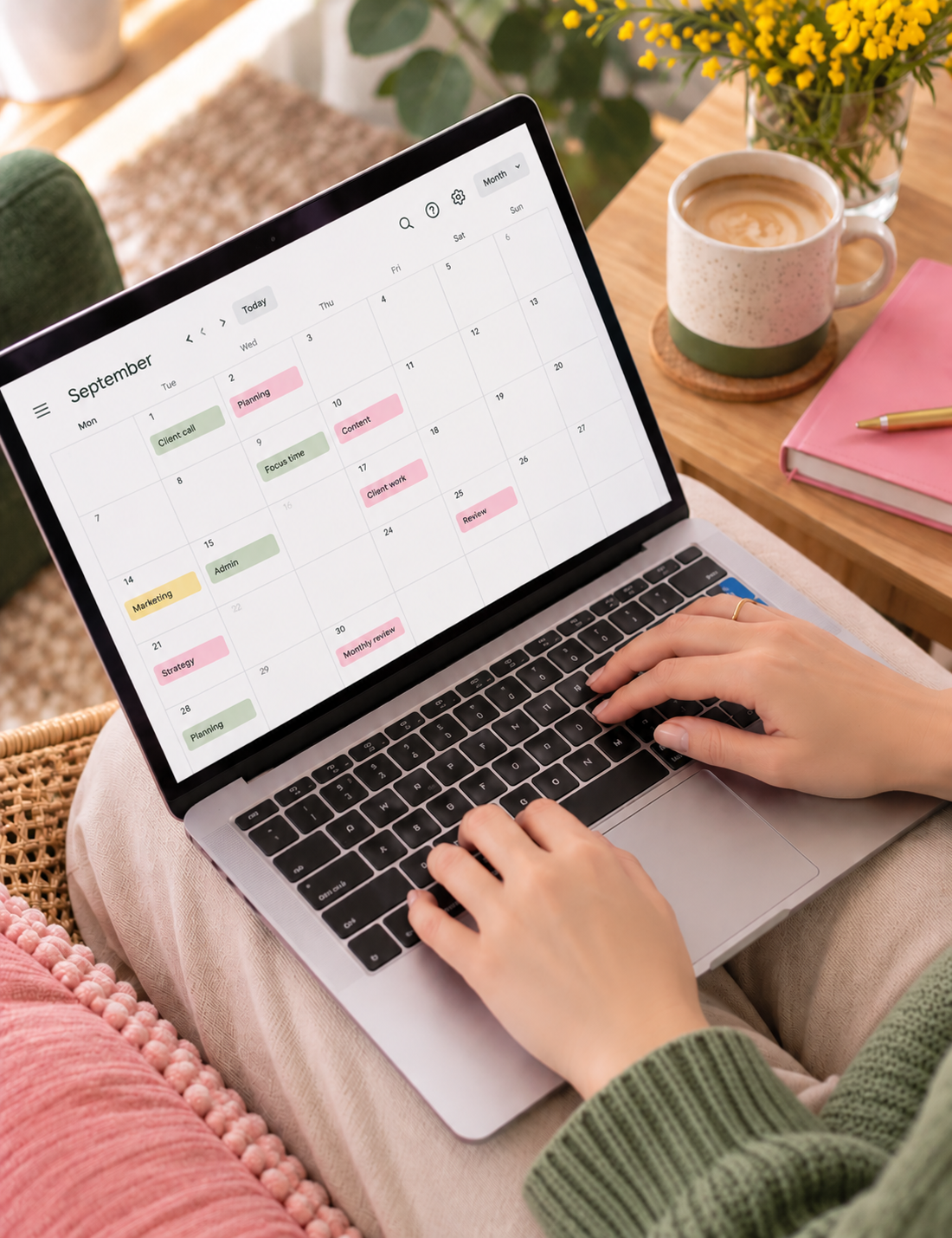 A person using a laptop with a calendar app open showing scheduled work activities for September. There is a cup of coffee, a pink notebook with a pen, and a vase with yellow flowers on the table.