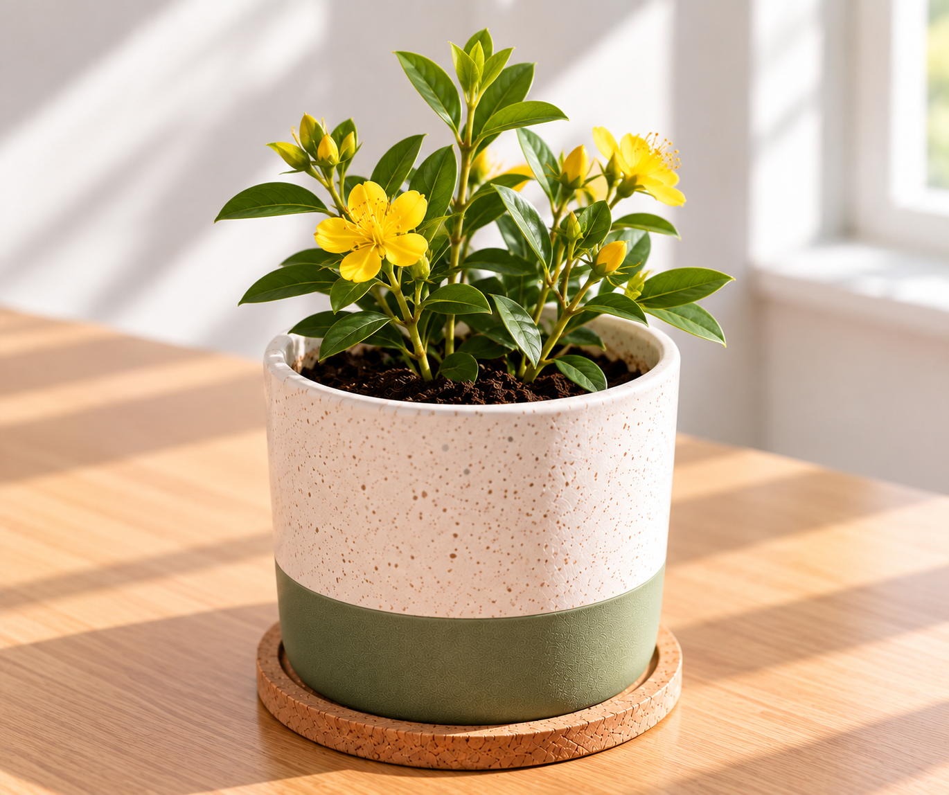 A potted yellow flowering plant with green leaves on a wooden surface near a window.