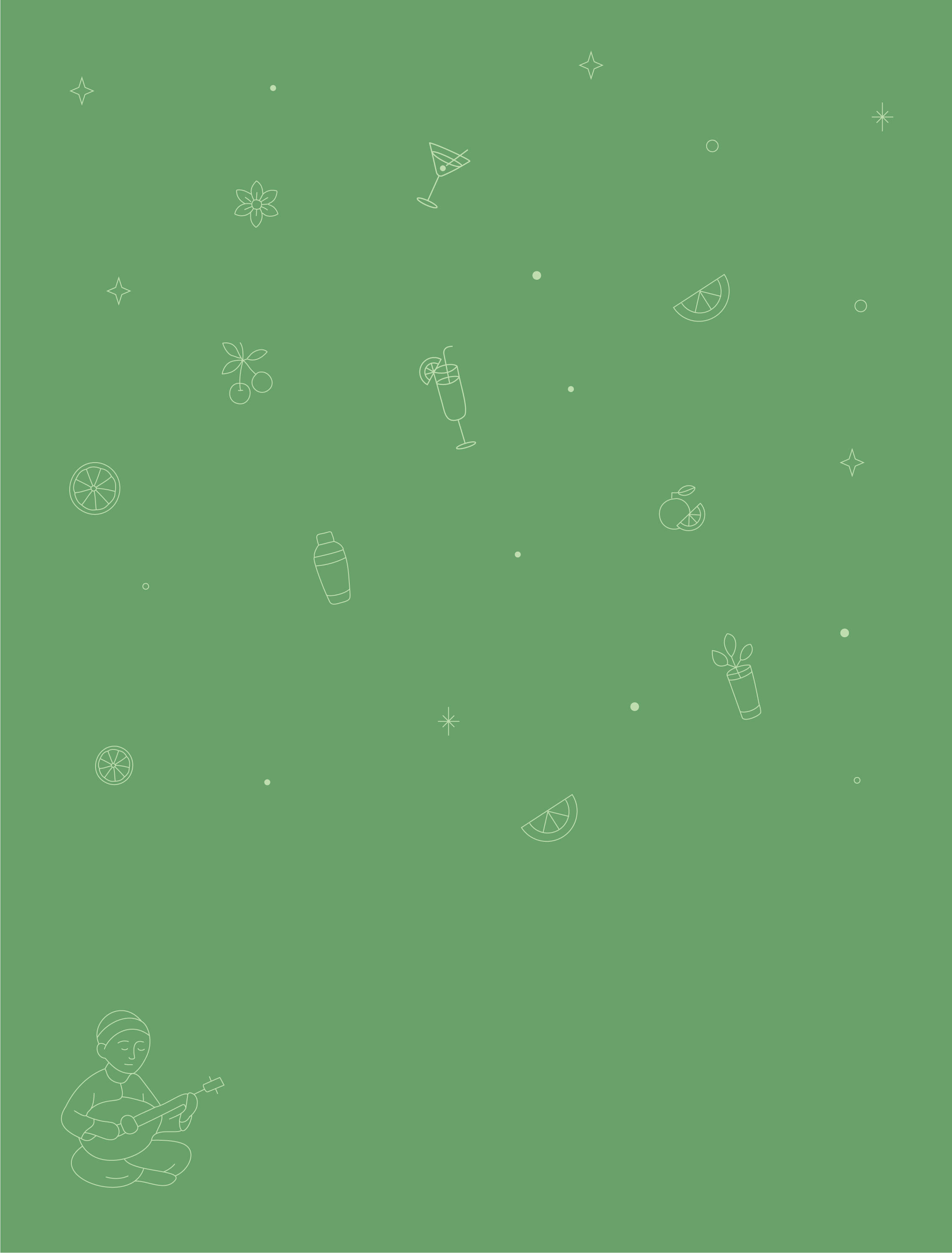 Fond vert avec des illustrations minces de cocktails, tranches d'agrumes, une personne jouant de la guitare, un verre avec une tranche de citron, et des étoiles