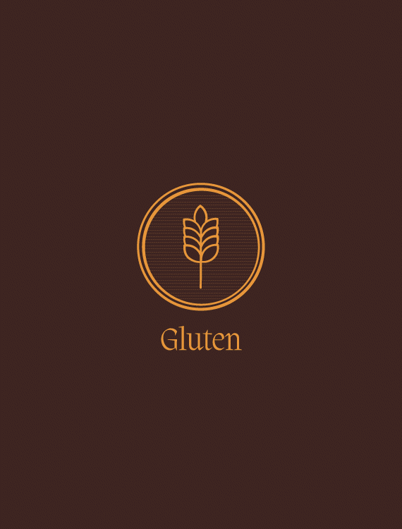 Icône d'une céréale dans un cercle, avec le mot "Gluten" en dessous, sur un fond marron.