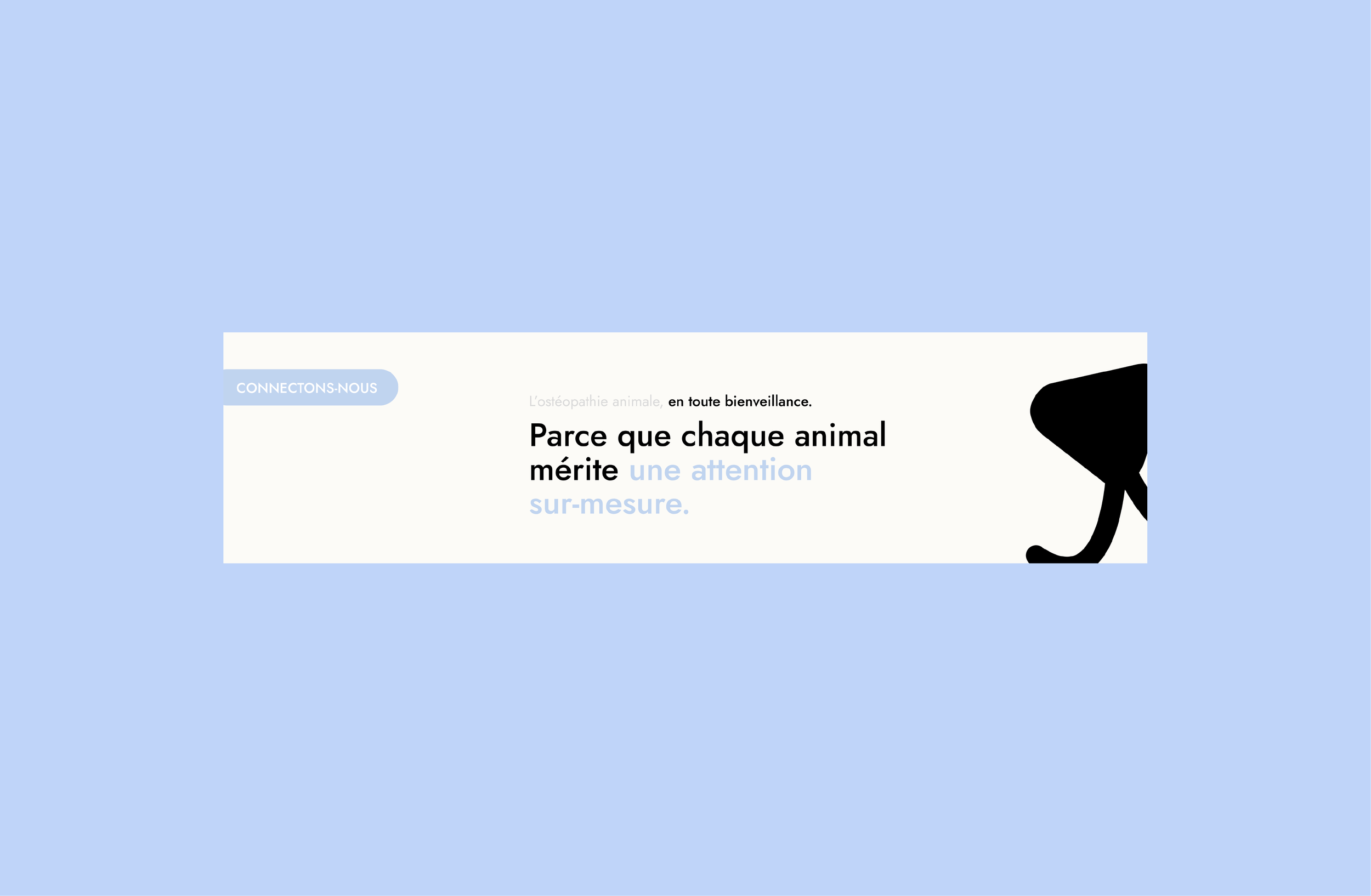 Capture d'écran d'une page web avec un message en français sur l'ostéopathie animale, indiquant que chaque animal mérite une attention sur-mesure, accompagnée d'une illustration d'un animal noir en silhouette.