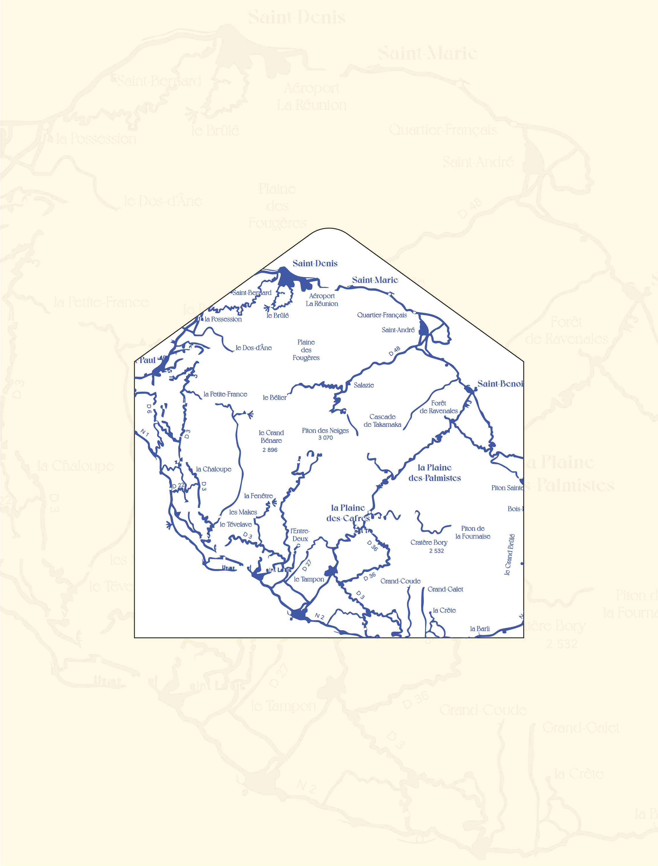 Carte des cours d'eau et régions d'une zone géographique en France, notamment Saint-Denis, Saint-Marc, Saint-Benoît, la Plaine des Palmistes, la Plaine des Cafres, la forêt de Ravinala, le Piton Saint, et autres. La carte est en bleu pour les rivières et le territoire est indiqué avec des noms régionaux.