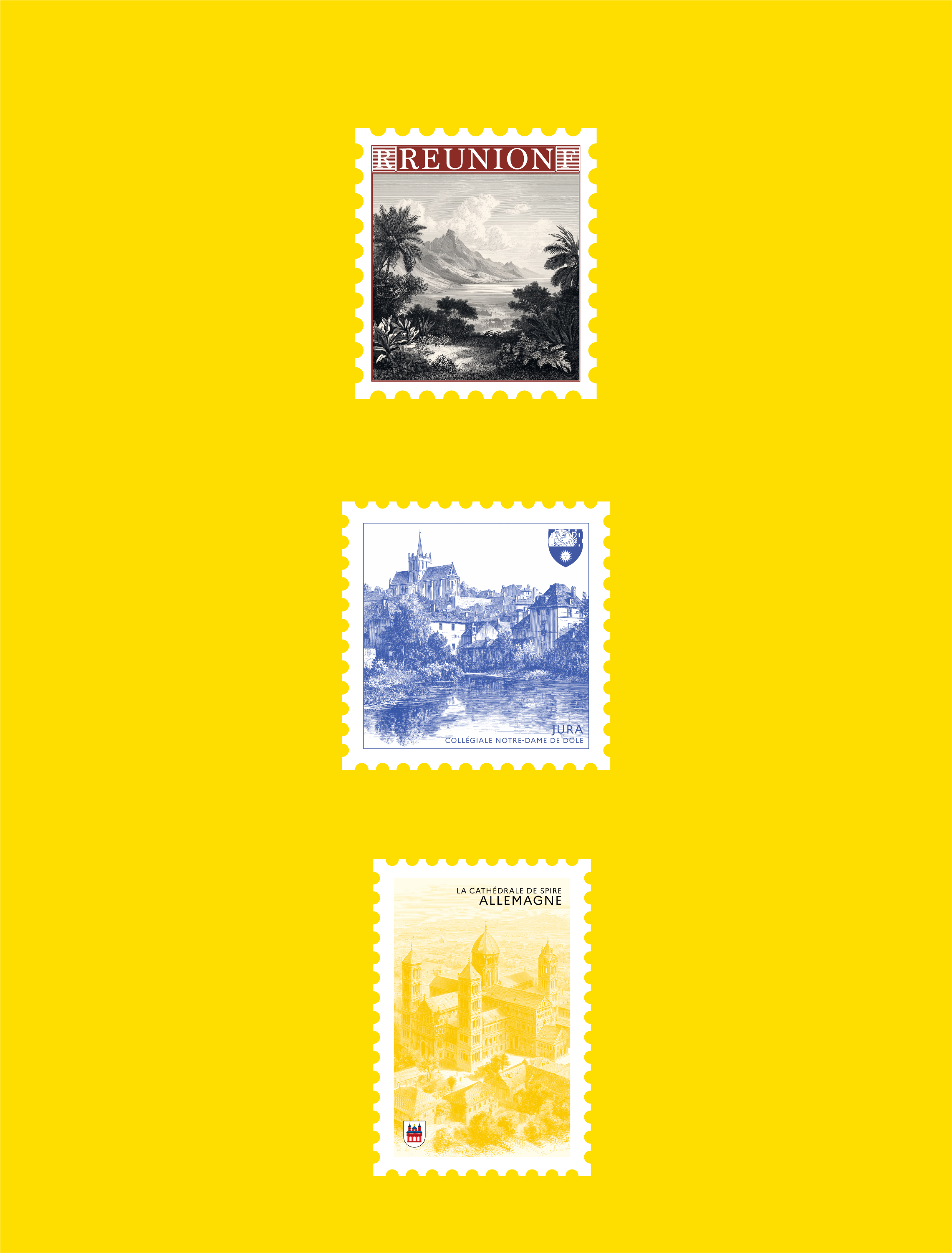 Deux timbres-poste alignés verticalement sur un fond jaune. Le premier timbre représente une scène paisible avec des montagnes, des palmiers et une lagune. Le deuxième montre une vue urbaine d'une ville avec une grande cathédrale et des bâtiments anciens. Le troisième timbre montre une ville historique en Allemagne, avec une architecture médiévale, la cathédrale de Spire, et un fond en teinte jaune.