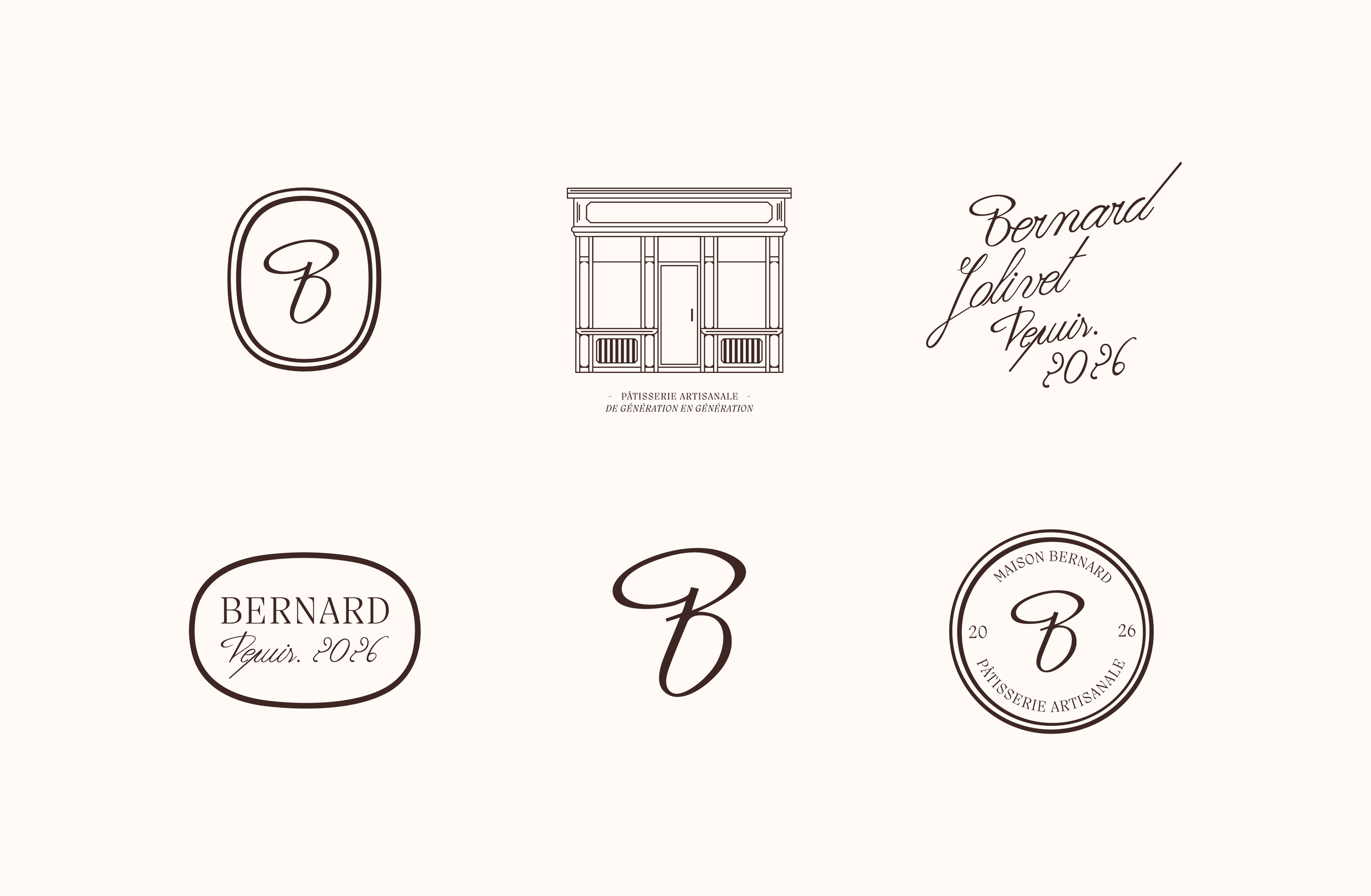 Collection de logos et d'étiquettes pour une pâtisserie artisanale nommé Bernard. Inclut des illustrations de cadres, d'une façade de boutique, et du texte "Bernard, Tourn. 2026".