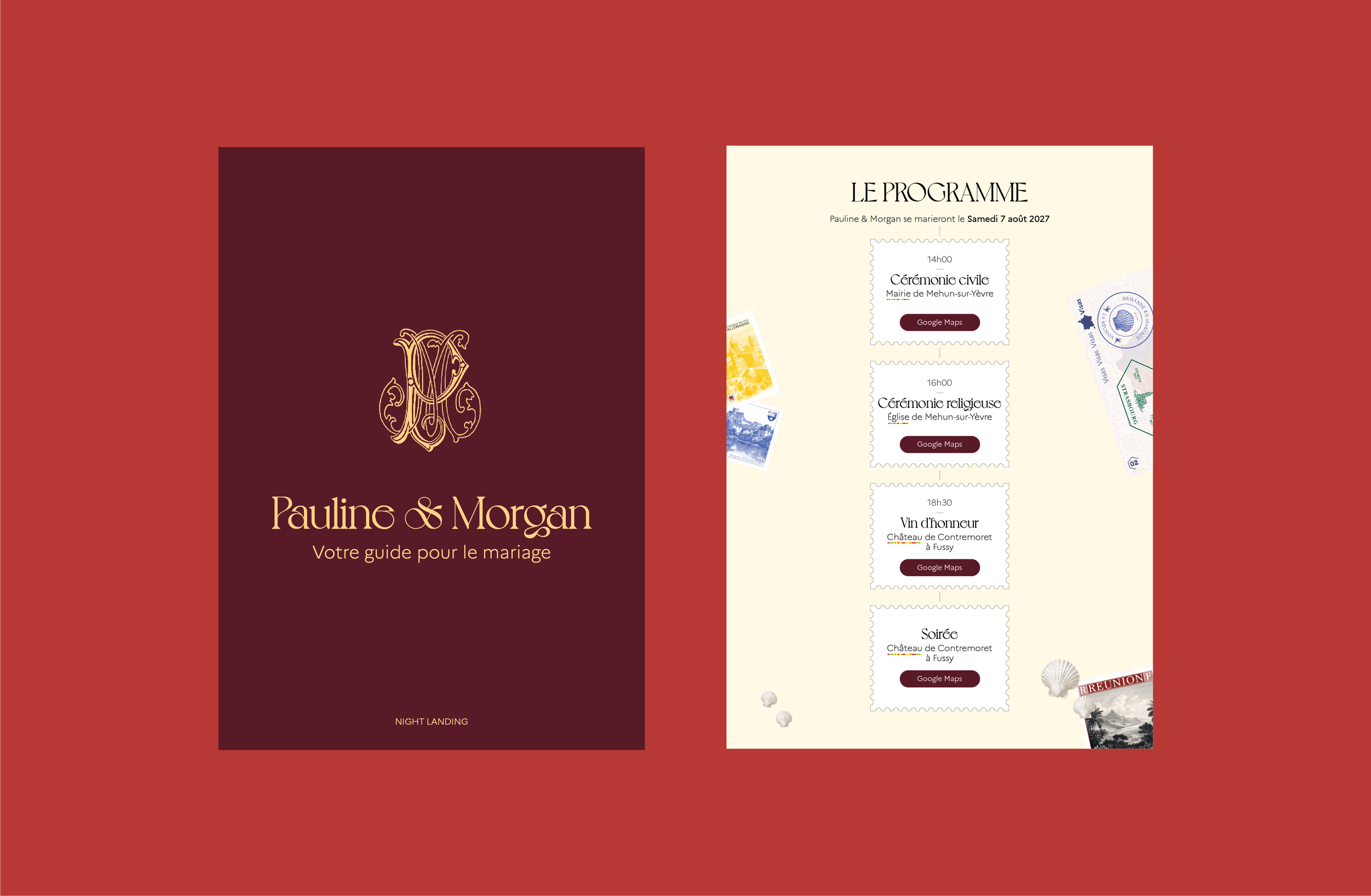 Couverture d'un guide de mariage avec le nom Pauline & Morgan et la mention 'Votre guide pour le mariage'.
