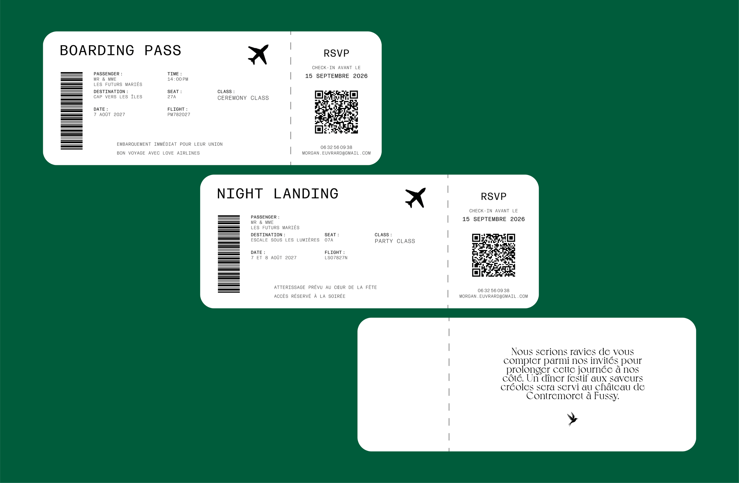 Deux tickets d'embarquement aérien avec des détails tels que la classe, la date, le vol, le siège et un code QR, disposés sur un fond vert.