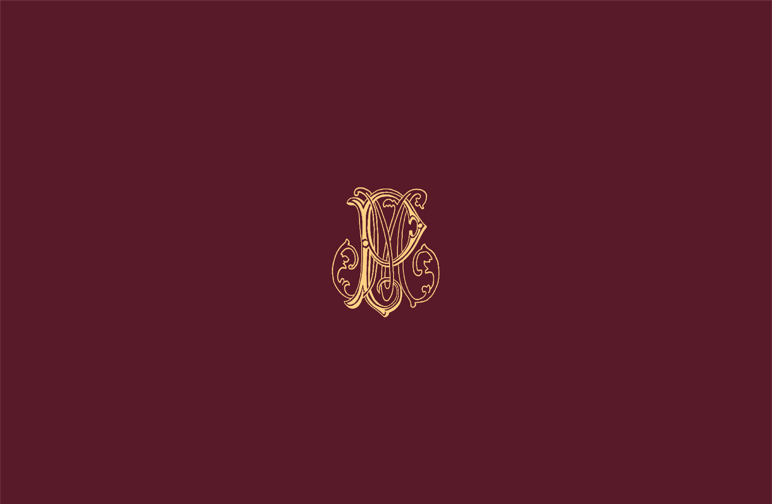 Logo or monogramme doré de style vintage sur fond bordeaux.