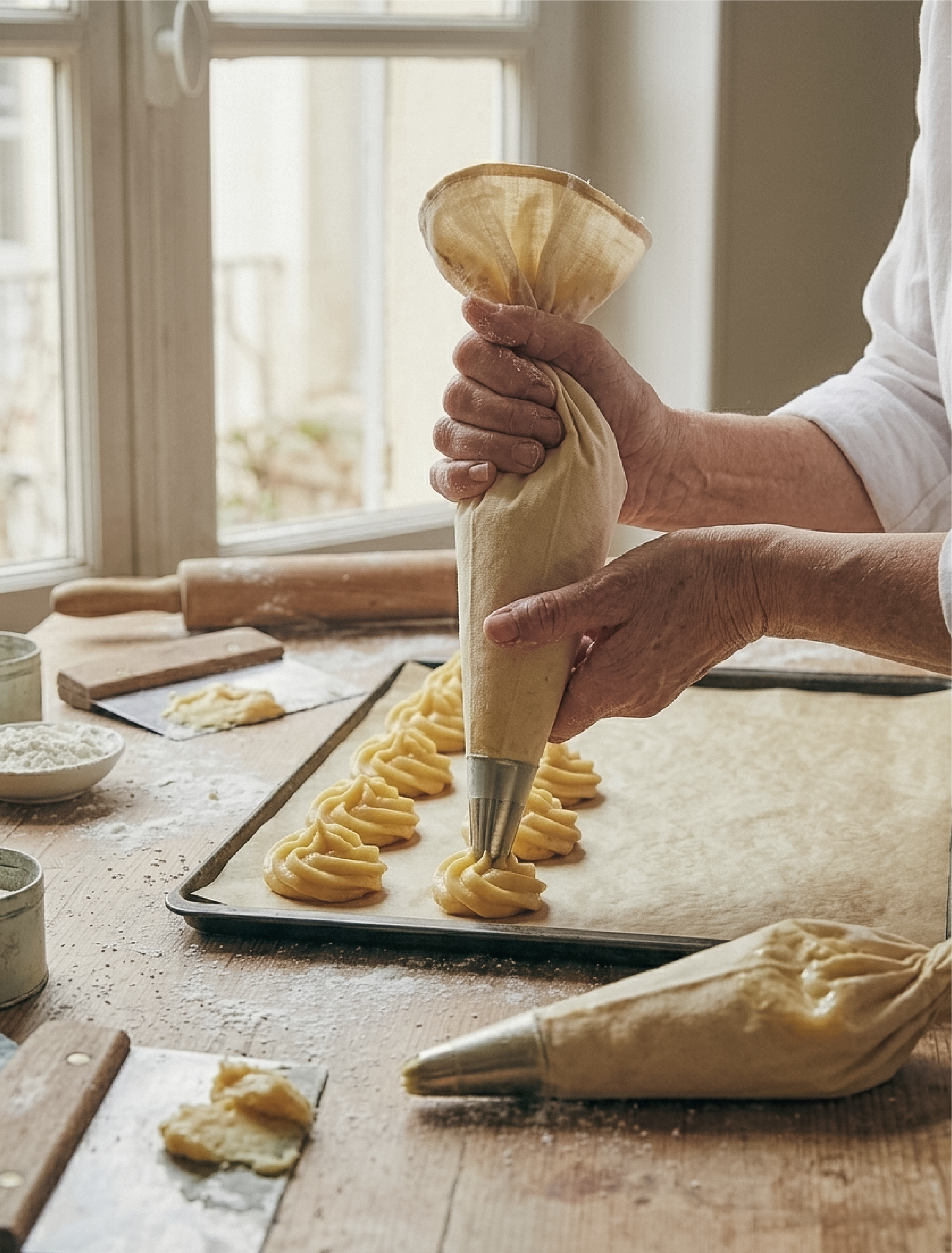 Une personne utilise une poche à douille pour faire des torsades de pâte fraîche sur une plaque de cuisson en cuisine, avec un plan de travail en bois et des ingrédients visibles en arrière-plan.