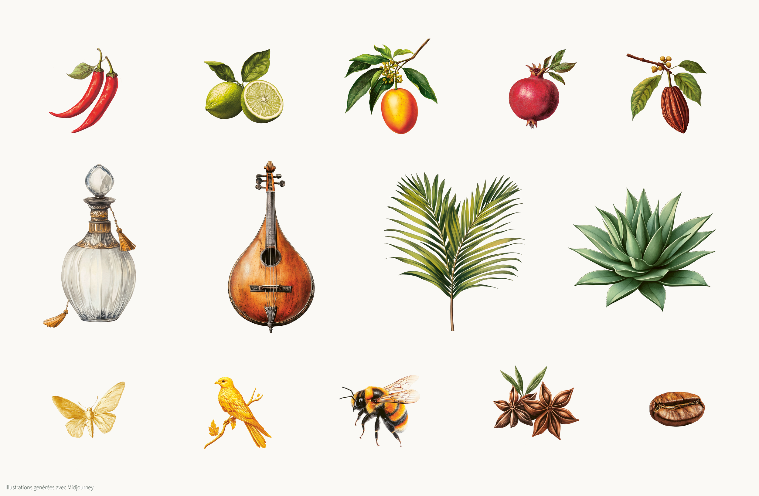 Collection d'illustrations de fruits, plantes, insectes, oiseaux et objets décoratifs sur un fond blanc.