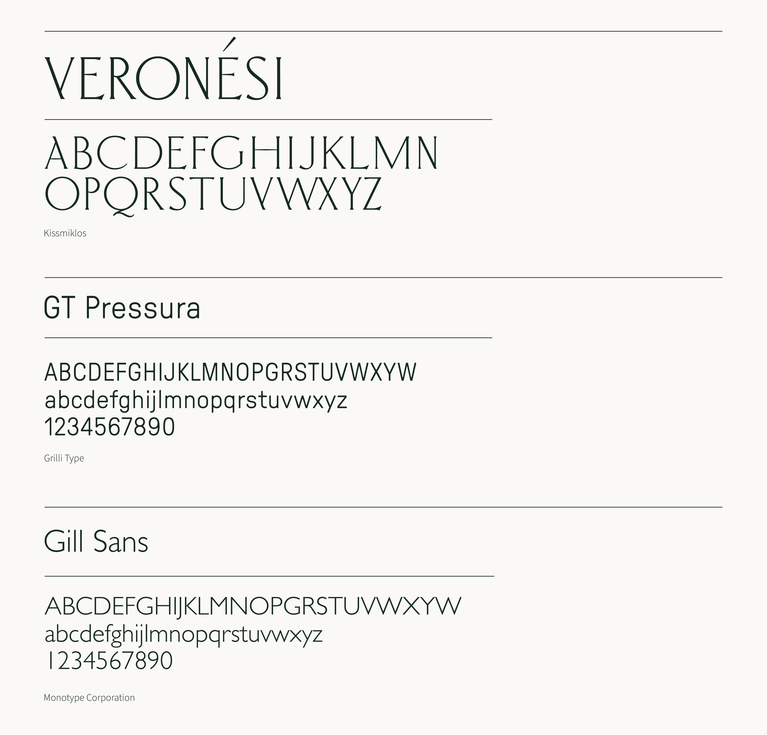 Capture d'écran de différentes polices de caractères, y compris Kissmiklos, GT Pressura, Gill Sans, et Monotype Corporation, montrant les alphabets majuscules et minuscules ainsi que les chiffres.