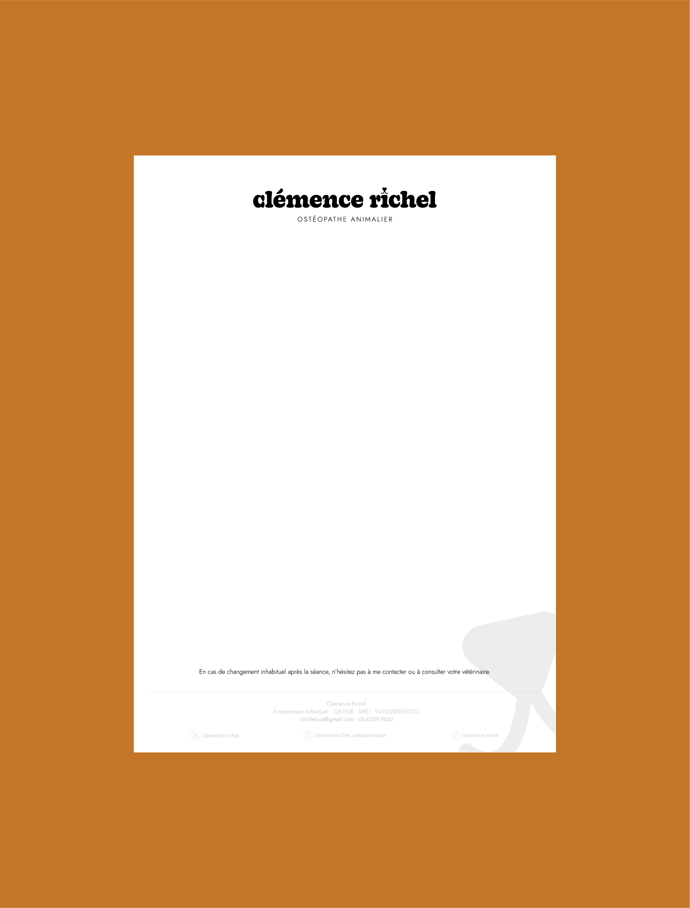 Une affiche promotionnelle pour un ostéopathe animalier nommé Clémence Richel, avec des informations de contact et un rappel de consulter un vétérinaire en cas de changements inhabituels après une séance.
