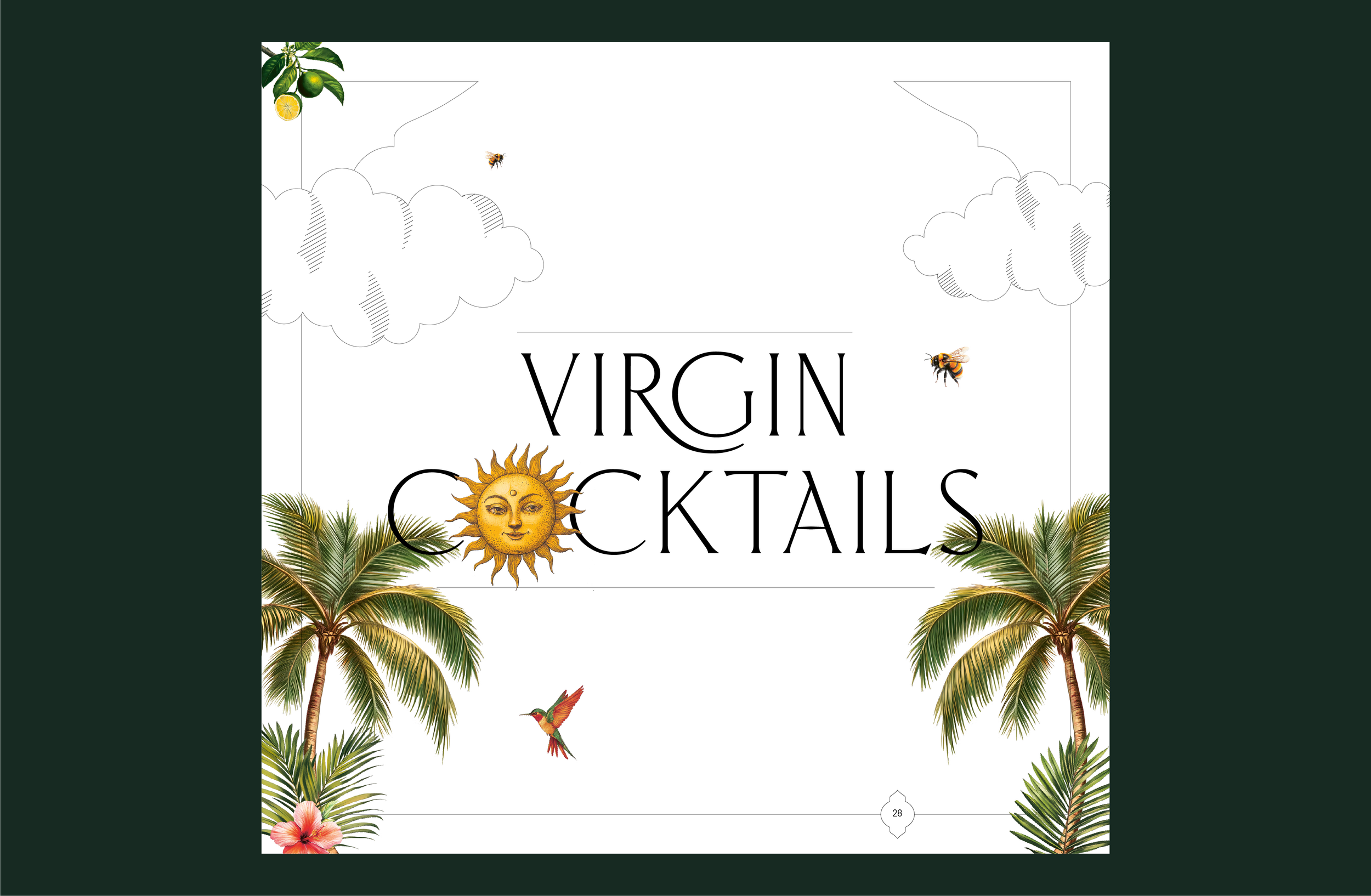 Couverture d'un livre intitulé "Virgin Cocktails" avec des illustrations de palmiers, un soleil avec un visage et des oiseaux, décorée de fleurs, de feuilles et de deux abeilles volantes.
