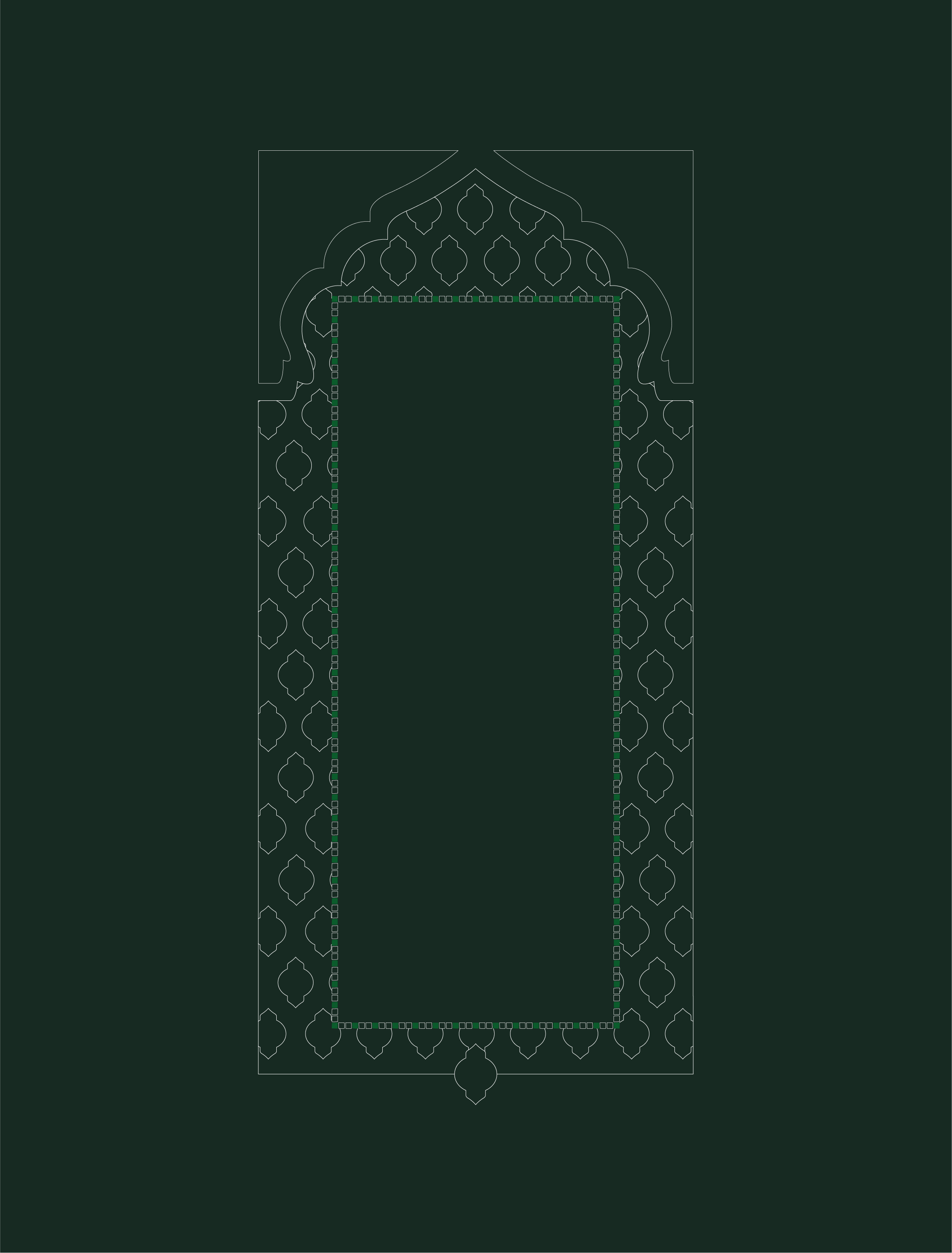 Un dessin d'architecture représentant la façade d'une structure ornementale, avec des détails décoratifs arabesques.
