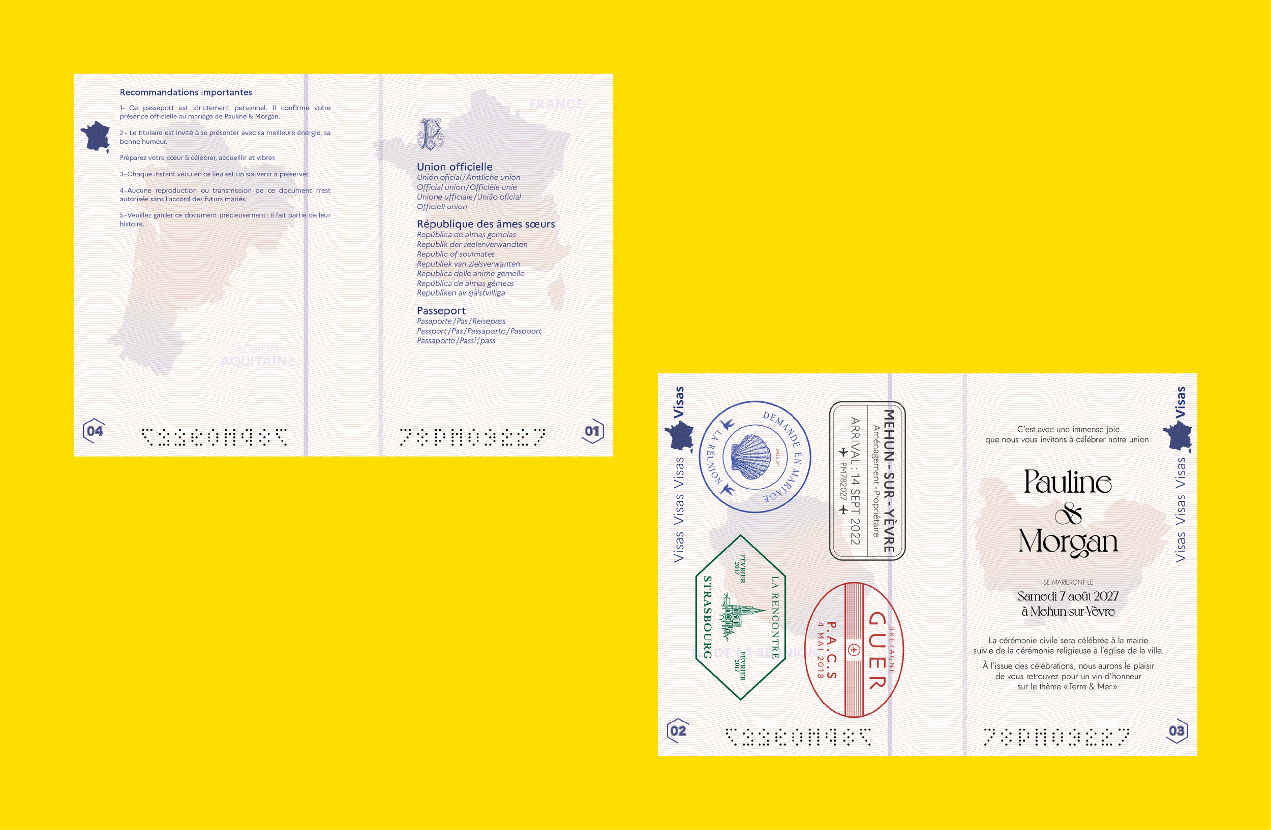 Image de passeports français et européens accrochés ensemble contre un fond jaune.