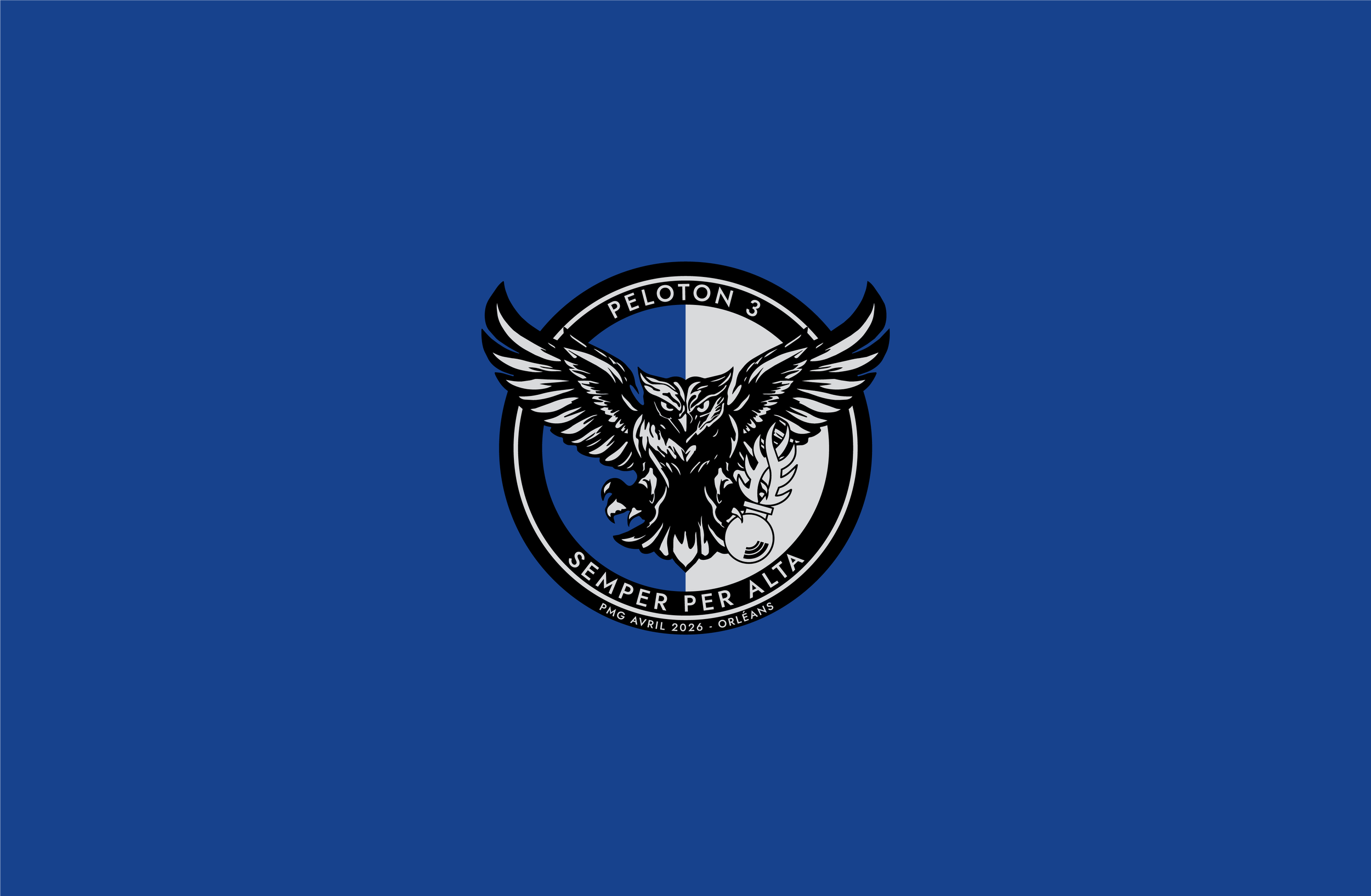 Drapeau bleu avec un logo noir et blanc d'une chouette avec des ailes déployées, entouré d'une bannière avec le texte "PELITON 3, SEMPER PER ALTA, PMG AVRIL 2026, ORLÉANS".