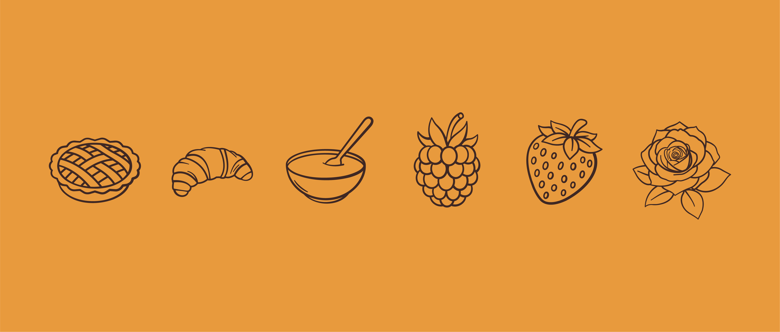 Illustrations d'une tarte, d'un croissant, d'un bol de soupe, d'une mûre, d'une fraise et d'une rose, toutes en dessins en ligne sur un fond orange.