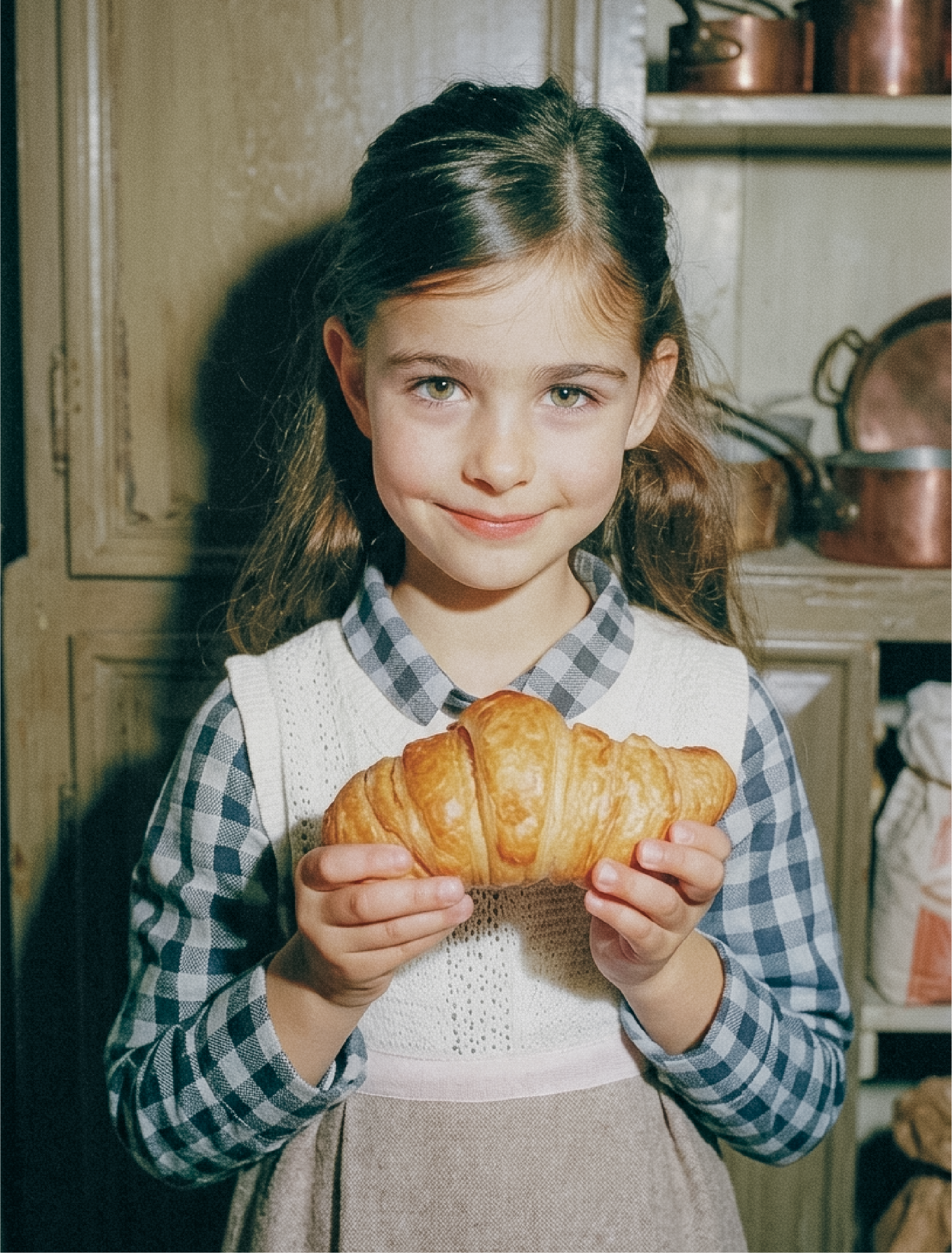 Une jeune fille souriante tient un croissant dans ses mains, portant une chemise à carreaux et un pull gris, dans une cuisine avec des casseroles en arrière-plan.