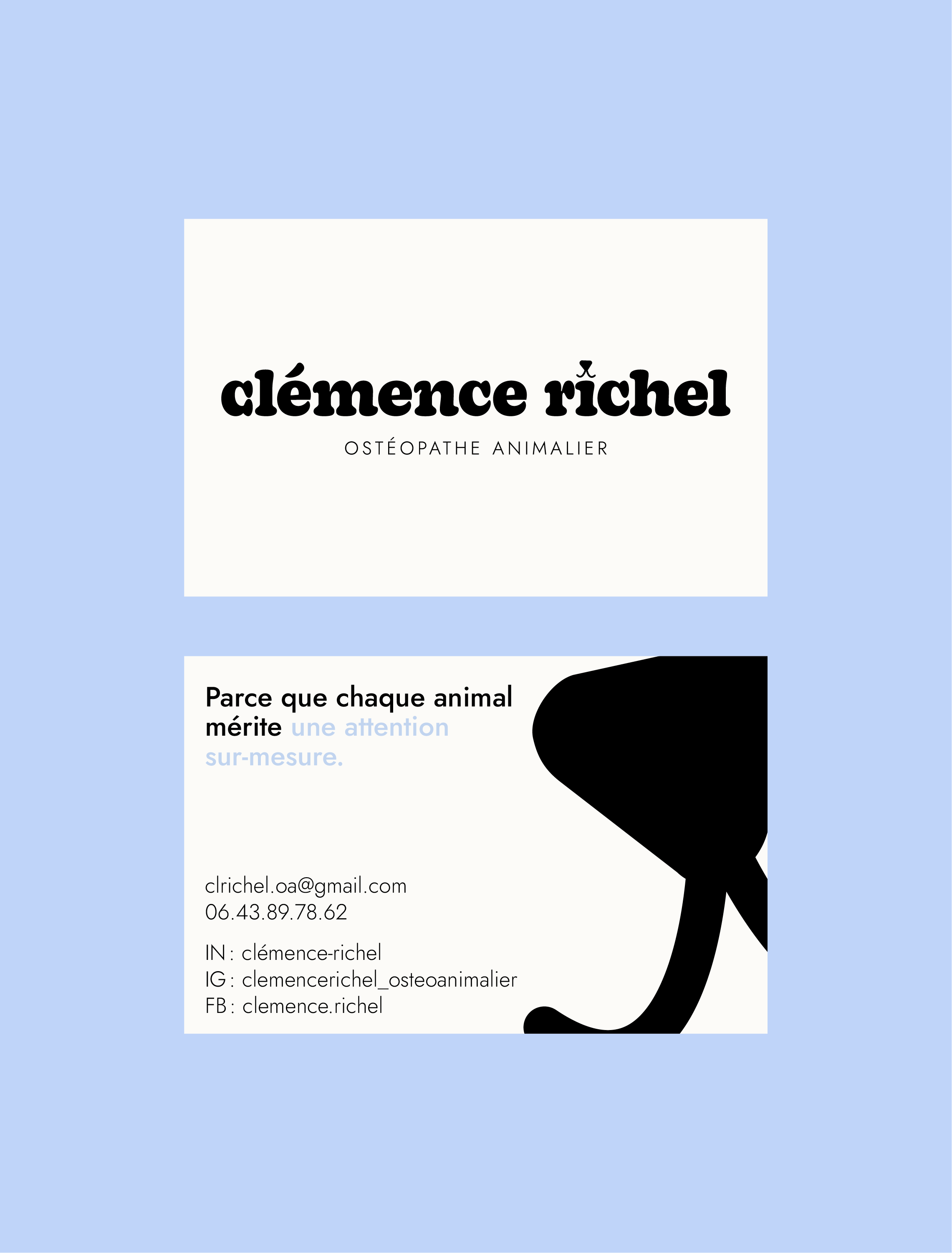 Carte de visite d'une ostéopathe animale nommée Clémence Richel, avec un fond blanc, texte noir en gras pour le nom, et un symbole noir d'animal stylisé en silhouette.