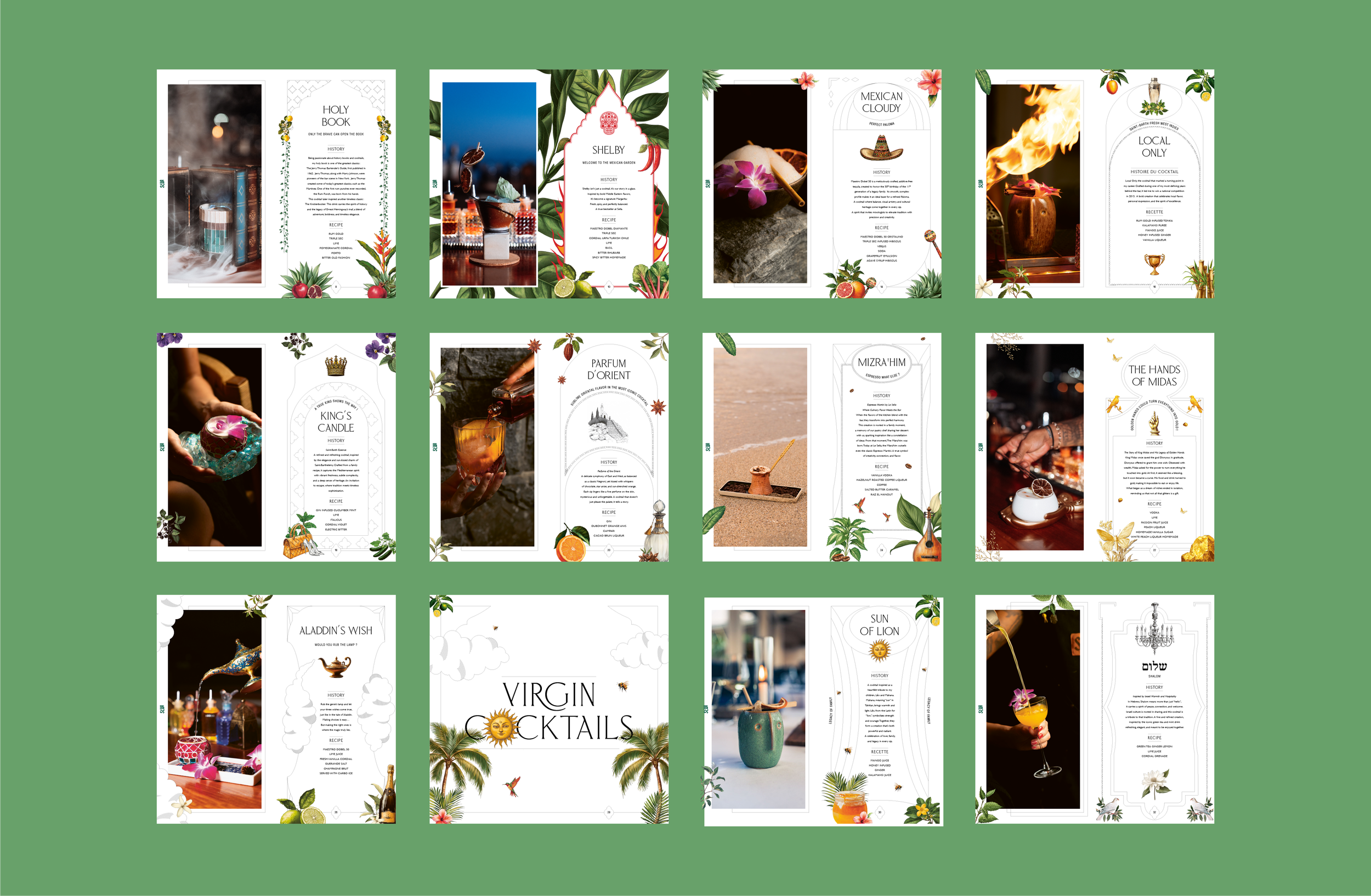 Collection de cartes avec des thèmes variés, incluant des boissons, des objets décoratifs et des éléments de design floral sur un fond vert.