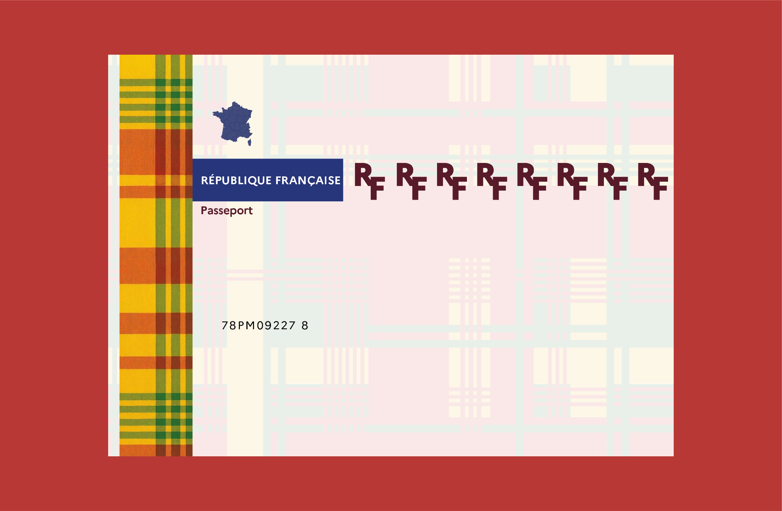 Passeport français avec carte d'identité, fond rouge, insigne de la République française, et motifs colorés sur la bande verticale à gauche.
