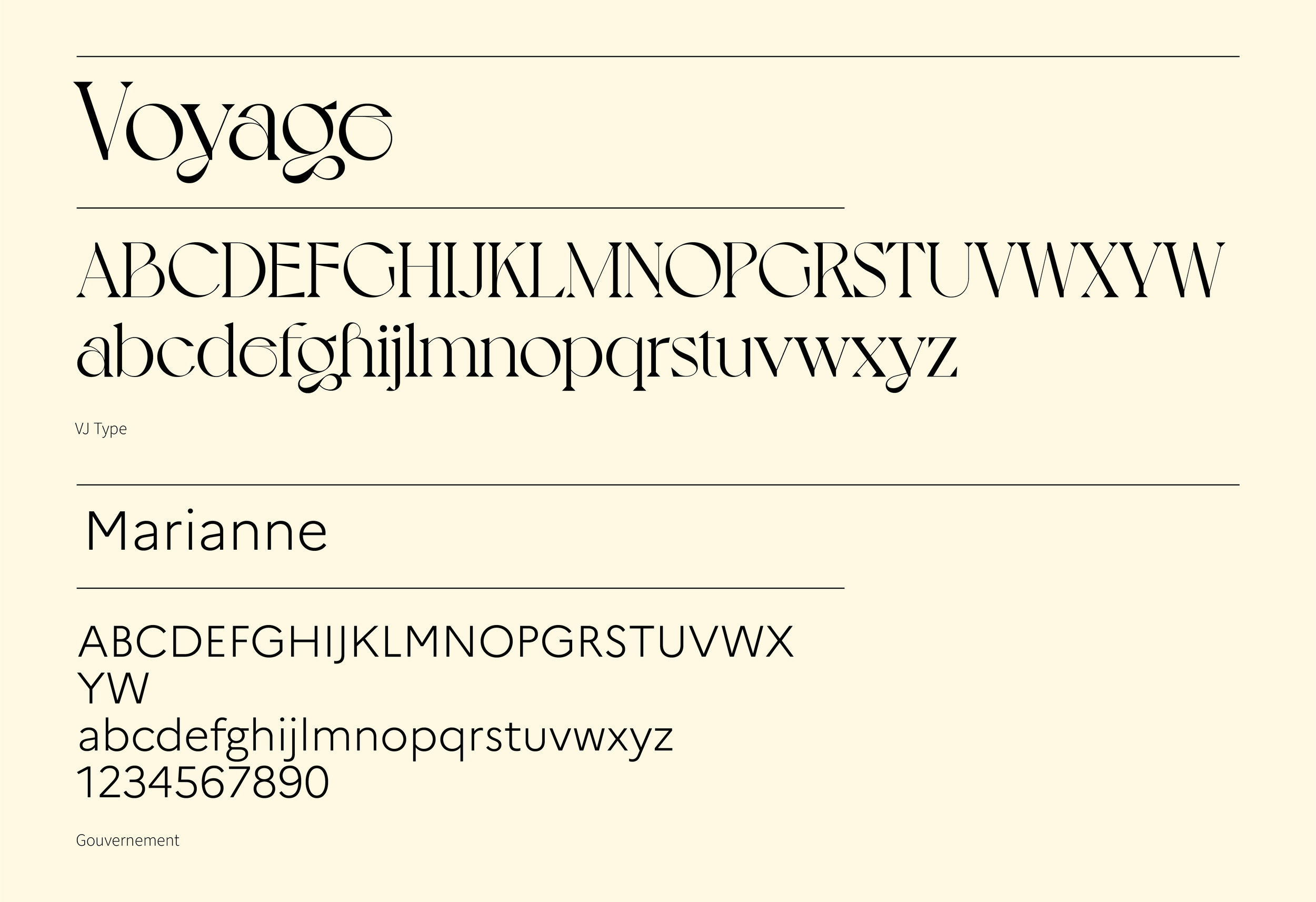 Exemple de différentes polices de caractères, y compris le style VJ Type et une police manuscrite nommée Marianne. Le texte inclut l'alphabet en majuscules et minuscules, ainsi que des chiffres.