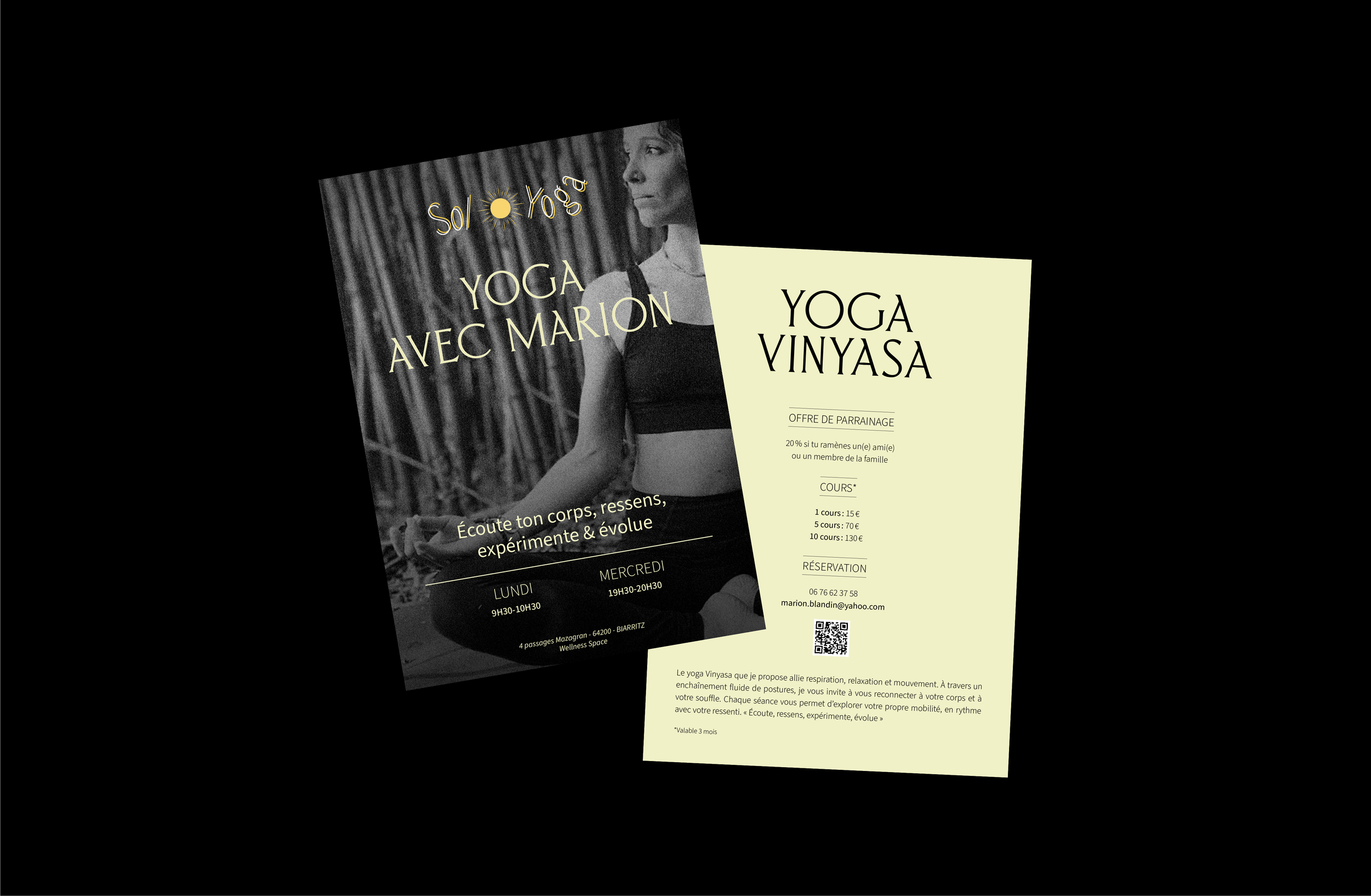 Flyer promotionnel pour un cours de yoga avec Marion, incluant les horaires, prix, offre de parrainage, contact et description du yoga Vinyasa