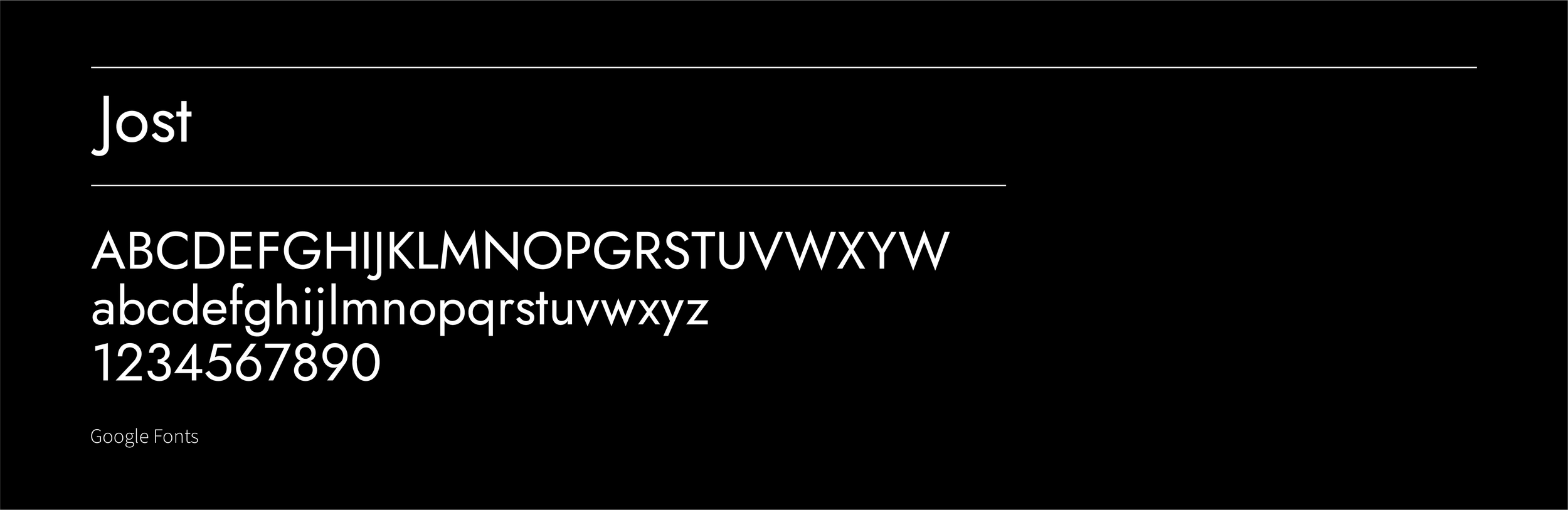 Capture d'écran d'une page présentant la police de caractères Jost, avec l'alphabet en majuscules et minuscules, chiffres, et la mention 'Google Fonts'.