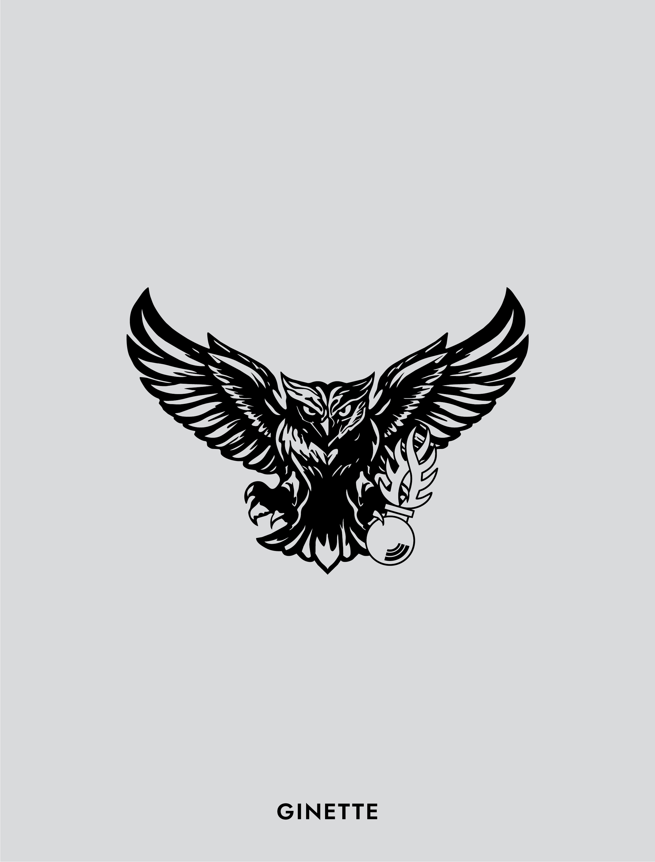 Logo en noir d'un aigle aux ailes déployées tenant une branche d'olivier dans sa patte, avec le mot 'GINETTE' écrit en dessous sur un fond gris clair.