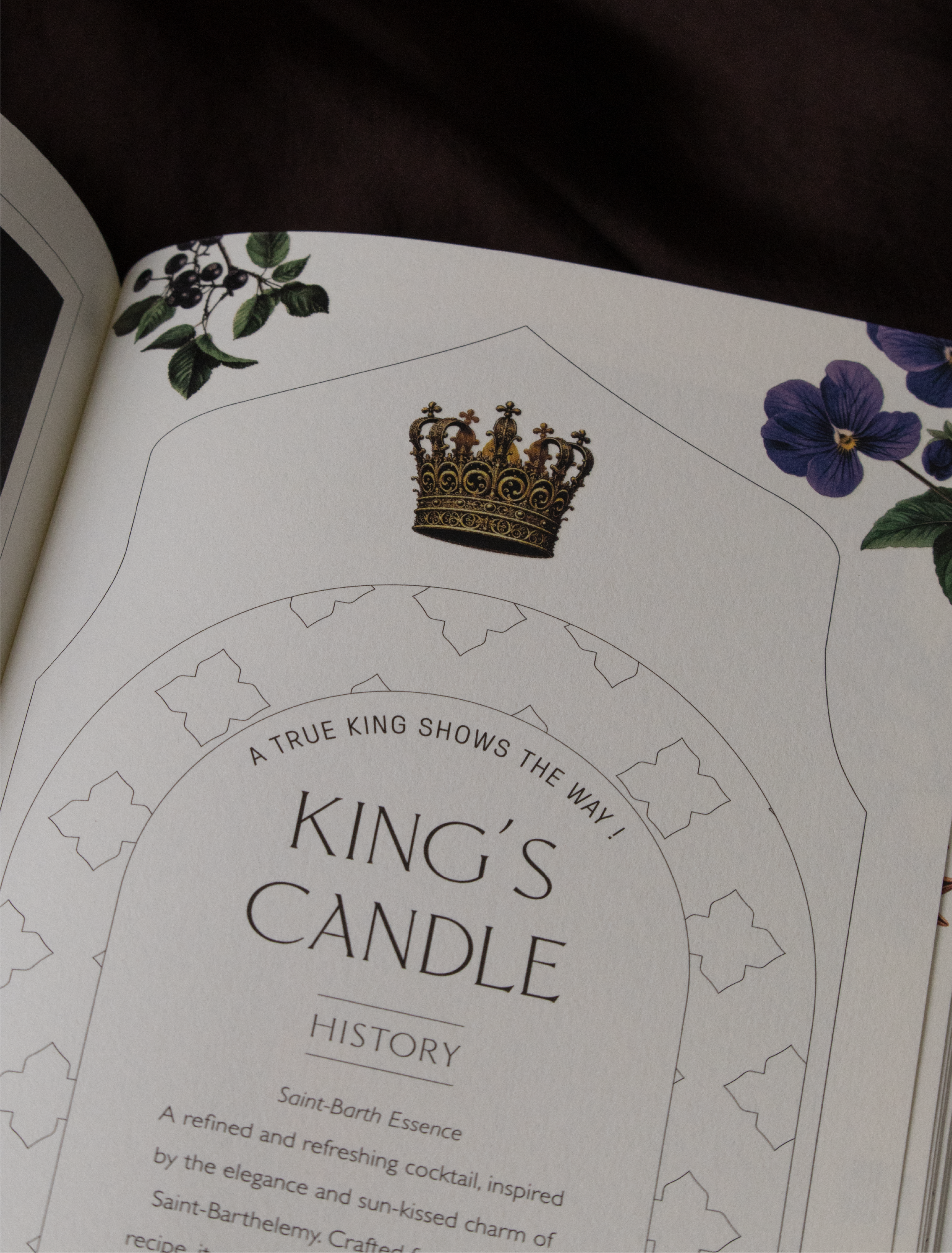 Page d'un livre avec un dessin d'une couronne dorée, des illustrations de branches de baies noires et de fleurs violettes, et du texte sur le Candle de King.