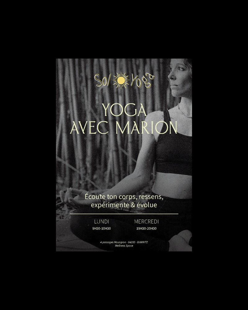 Affiche promotionnelle pour des cours de yoga avec Marion, incluant un portrait d'une femme méditant ou en position de yoga, avec horaires et lieu à Biarritz.
