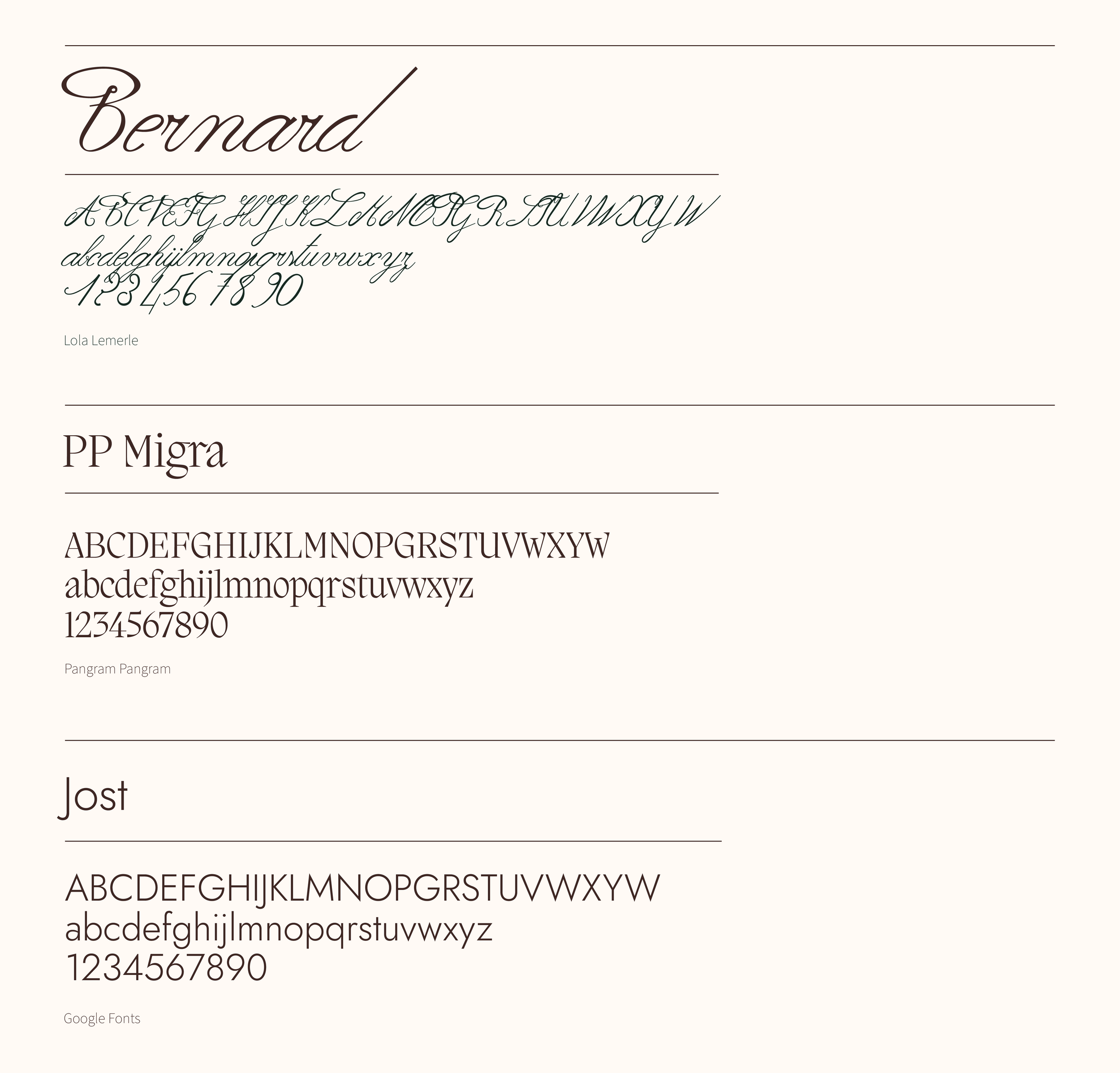 Capture d'écran montrant différentes polices de caractères, notamment la police Bermond, la police Pangram Pangram, et la police Jost, avec leurs alphabets en majuscules et minuscules, ainsi que les chiffres.
