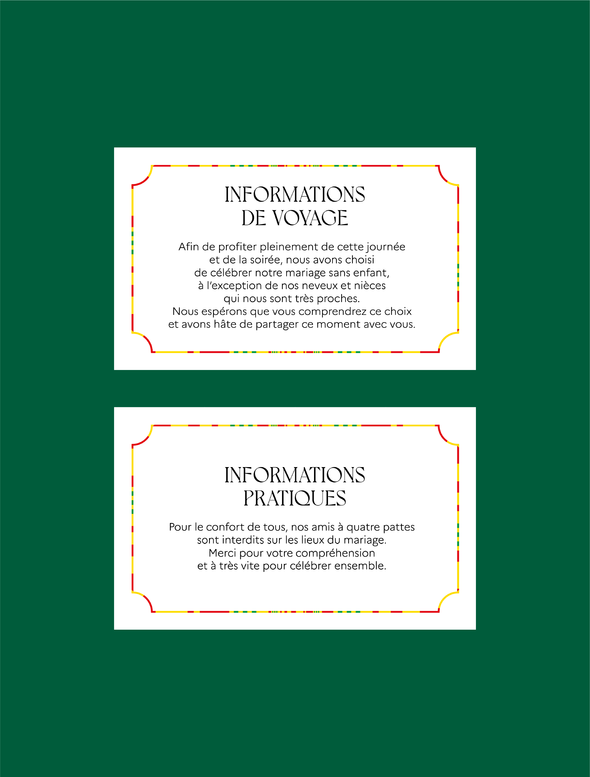 Deux feuillets d'informations de voyage avec des bords décorés de couleurs rouge, jaune, vert et noir, ayant un fond blanc et du texte en français.