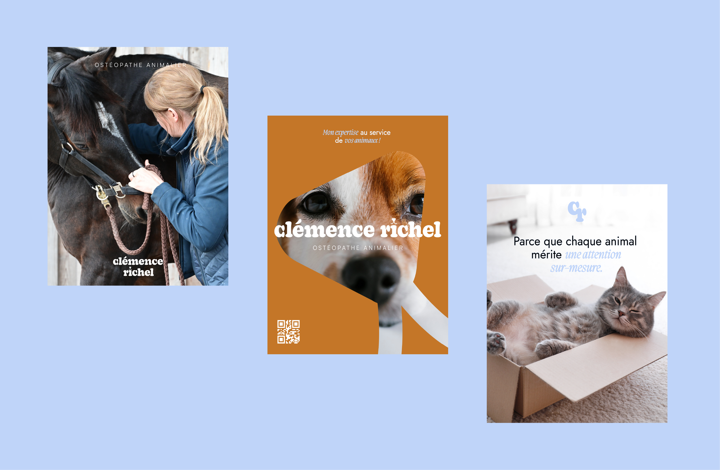 Trois affiches promotionnelles pour un service d'ostéopathie animalier, incluant des images d'un chien, un chaton, et une femme prenant soin d'un cheval.