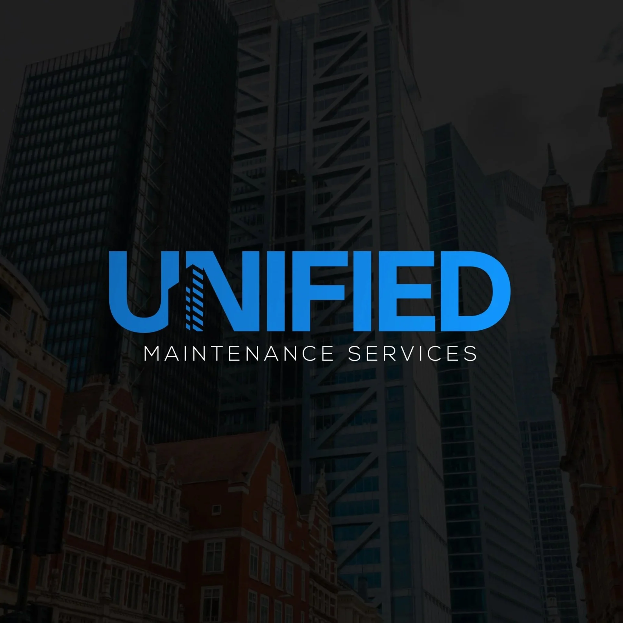 Logo for UNIFIED Maintenance Services over a cityscape background of modern and historical buildings.