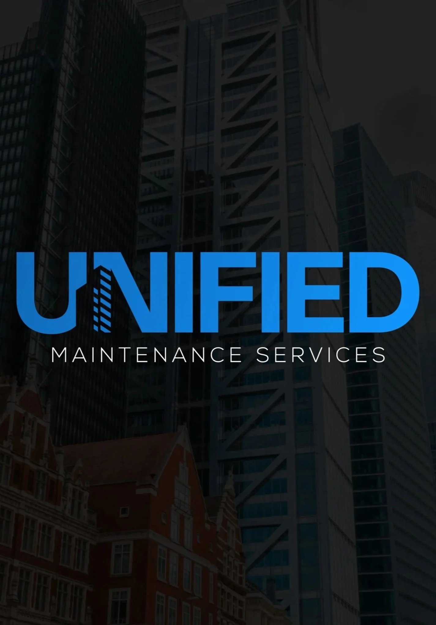 Logo for UNIFIED Maintenance Services in front of modern buildings.
