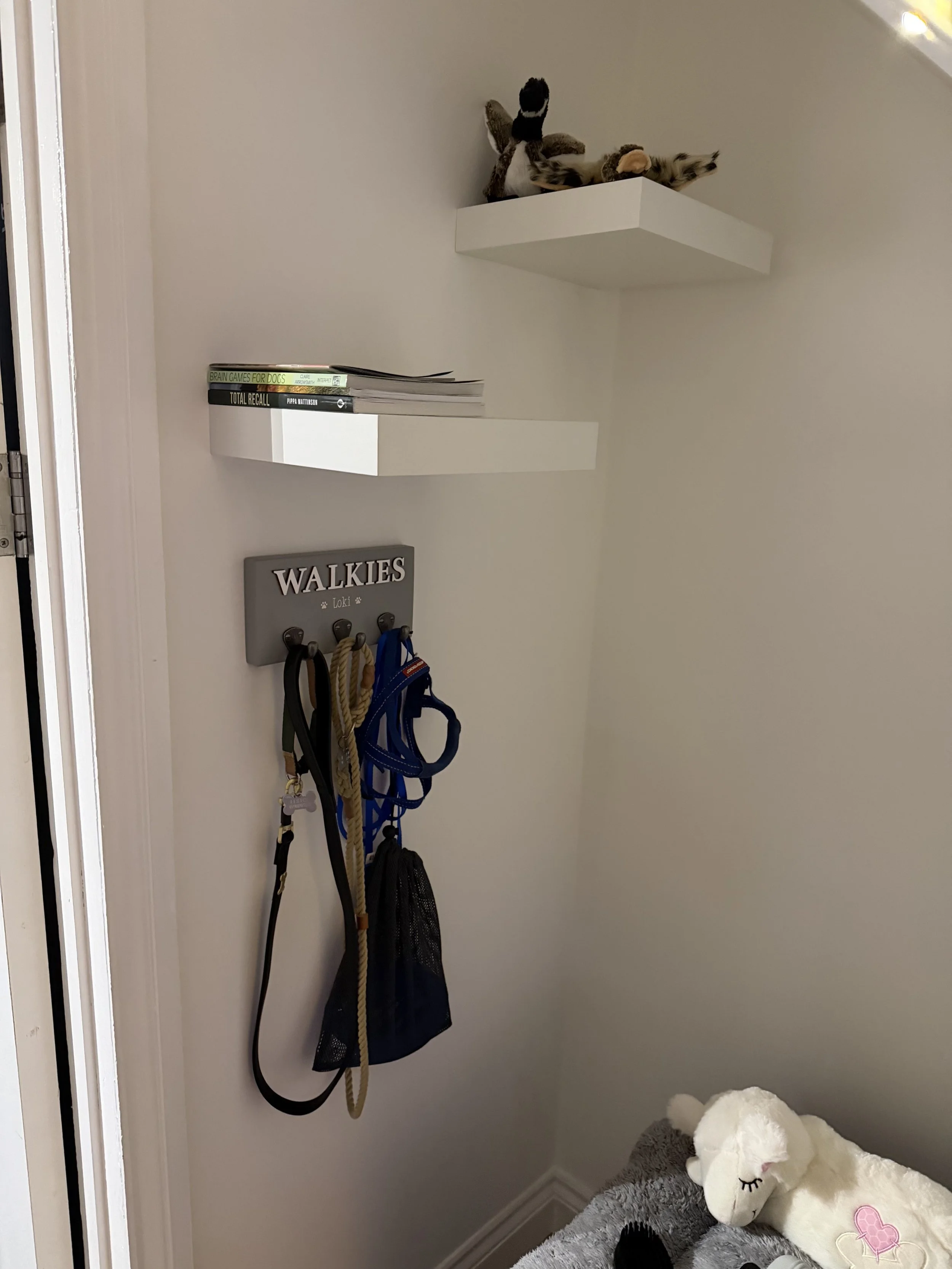 A corner of a room with two white shelves mounted on the wall, holding books and stuffed animals. A wall hook labeled 'WALKIES' has dog leashes hanging from it. A plush sheep toy is lying on a gray textured blanket.