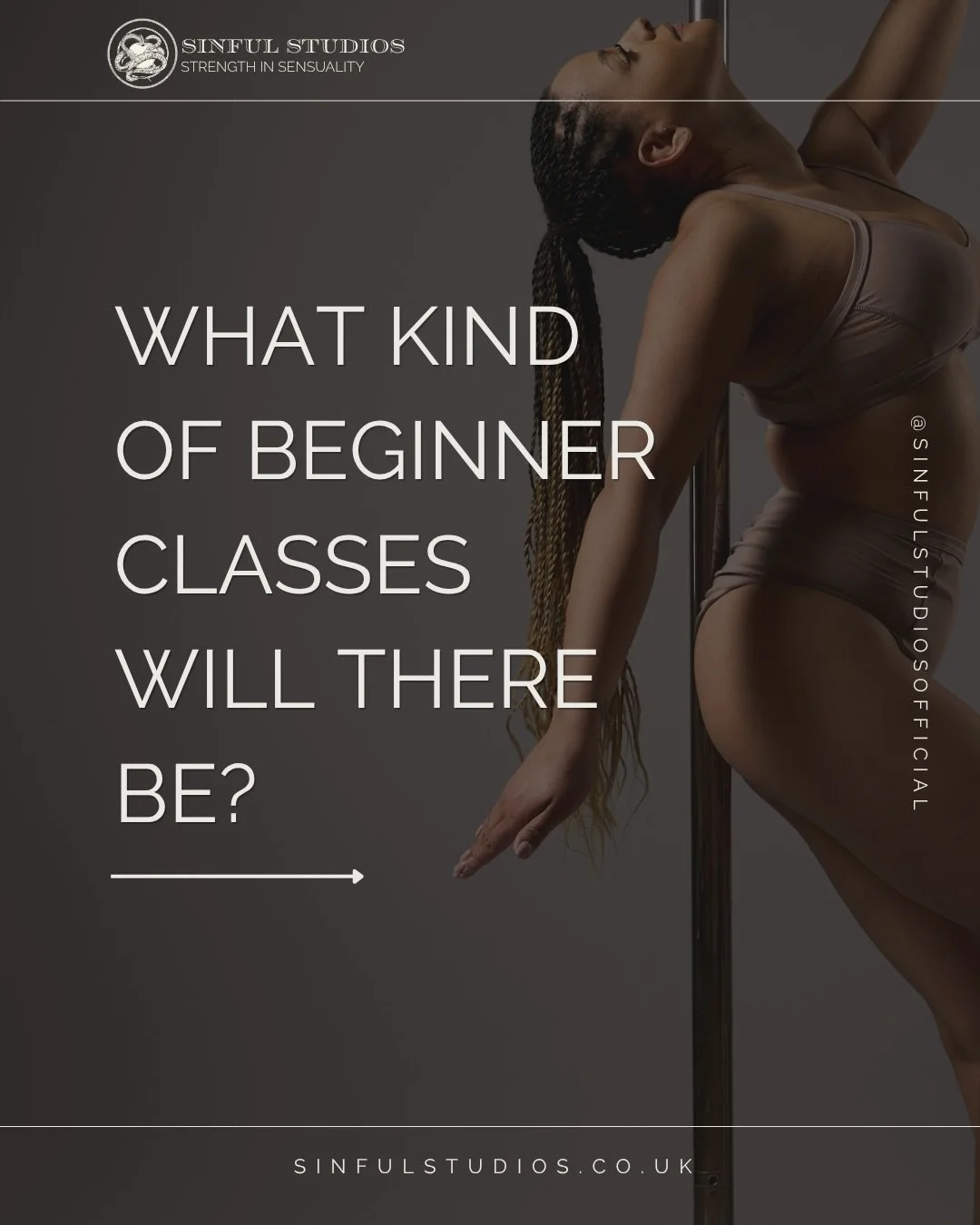 💃 What kind of beginner classes will there be? 👀✨

At Sinful Studios, beginner doesn&rsquo;t mean one size fits all 💖
 There will be two different beginner pole styles, so you can choose what feels right for you 🫶

✨ Beginner Pole Fitness Barefoo