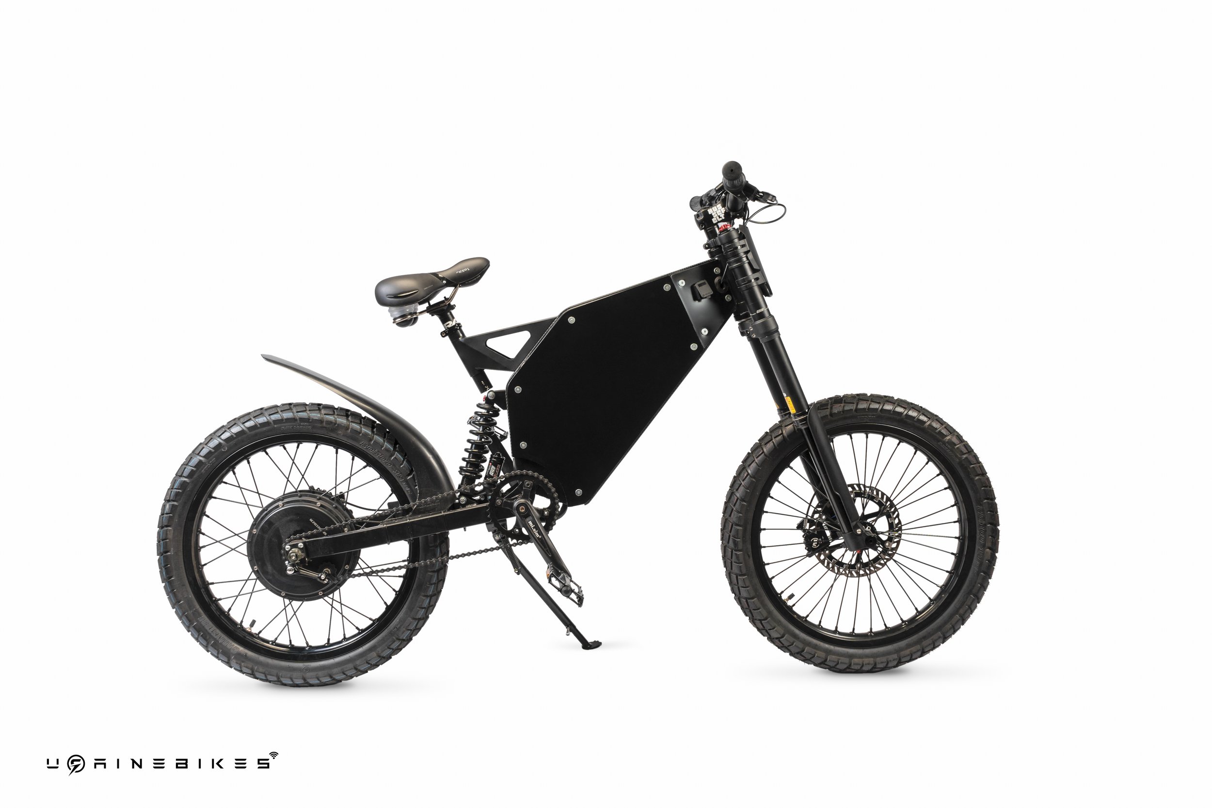 Black electric fat tire bicycle with thick tires, a sturdy frame, and a large battery pack in the middle, set against a white background.