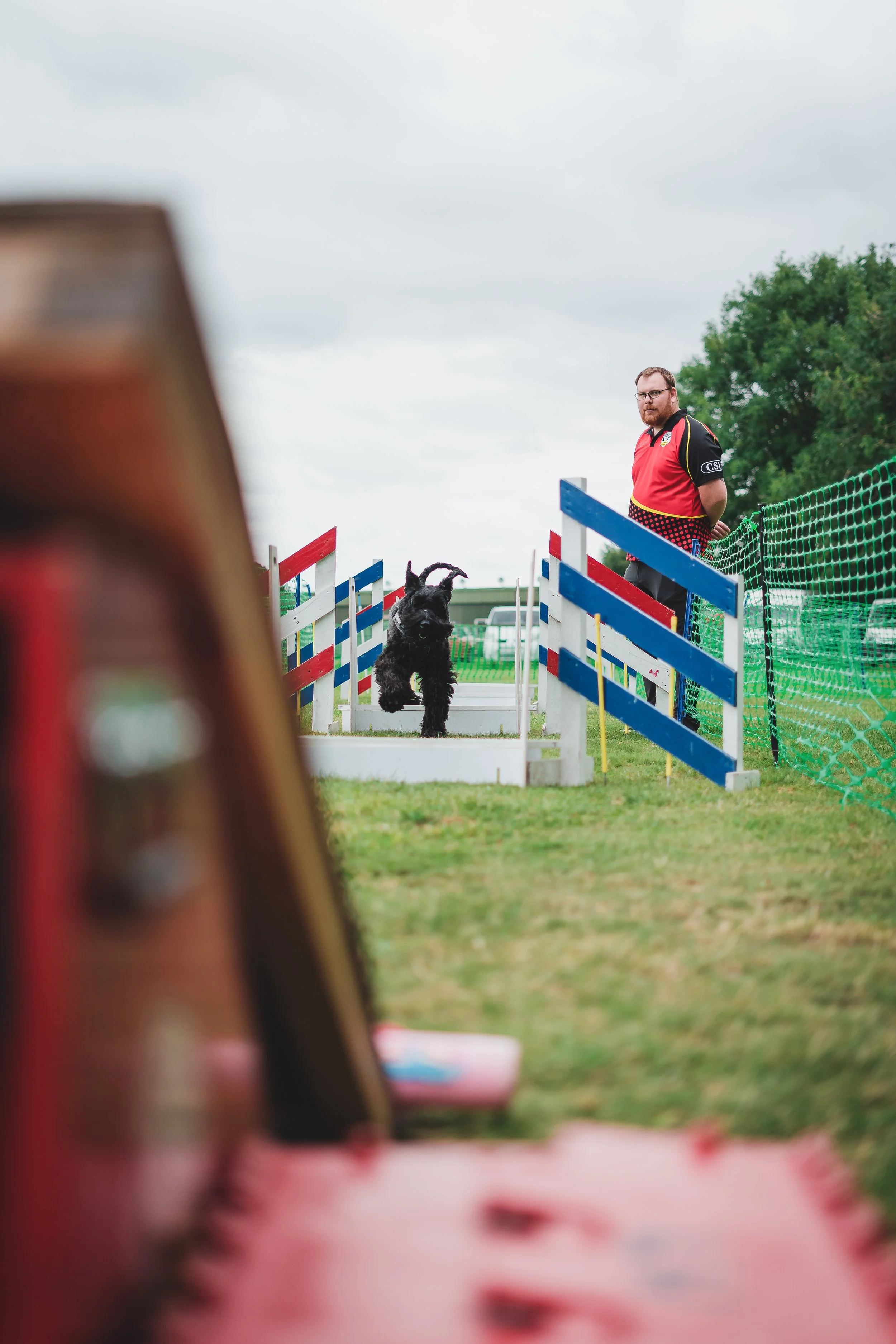 A black dog jumping over agility hurdles during a dog agility competition, with a man observing nearby, set in an outdoor field with cloudy sky.