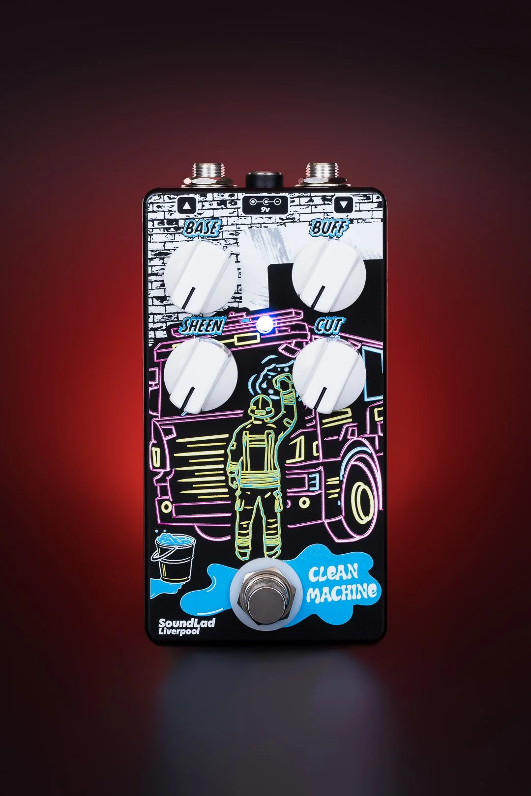 Guitar effects pedal with neon-style artwork, four control knobs labeled 'Base', 'Buff', 'Sheen', 'Cut', a footswitch, and branding 'SoundLad Liverpool' and 'Clean Machine'.