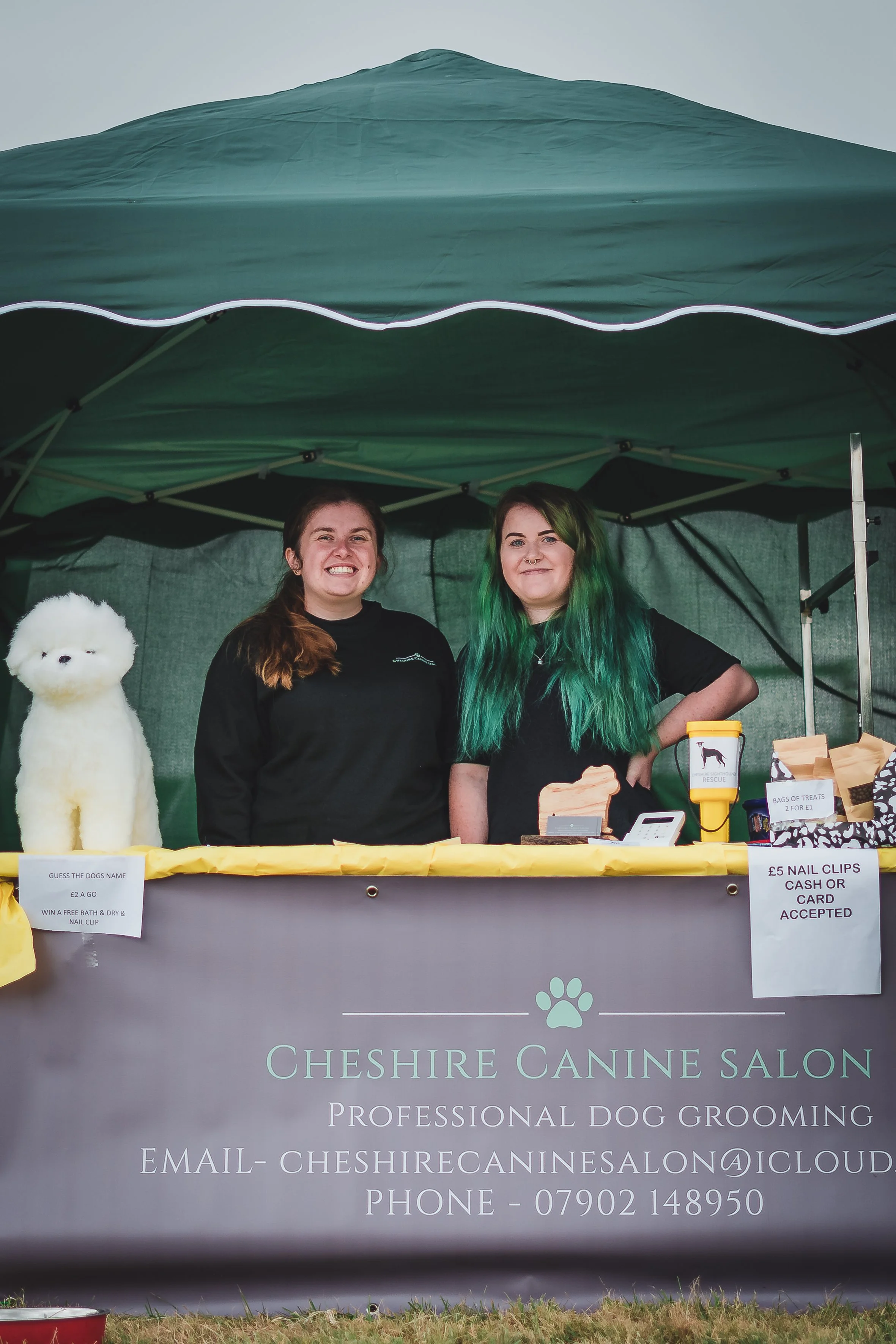 Two women standing behind a canopy tent at the Cheshire Canine Salon booth, smiling. One has brown hair, and the other has long green hair. A white fluffy dog figurine or plush toy and various dog grooming products and signs are on the table, promoti