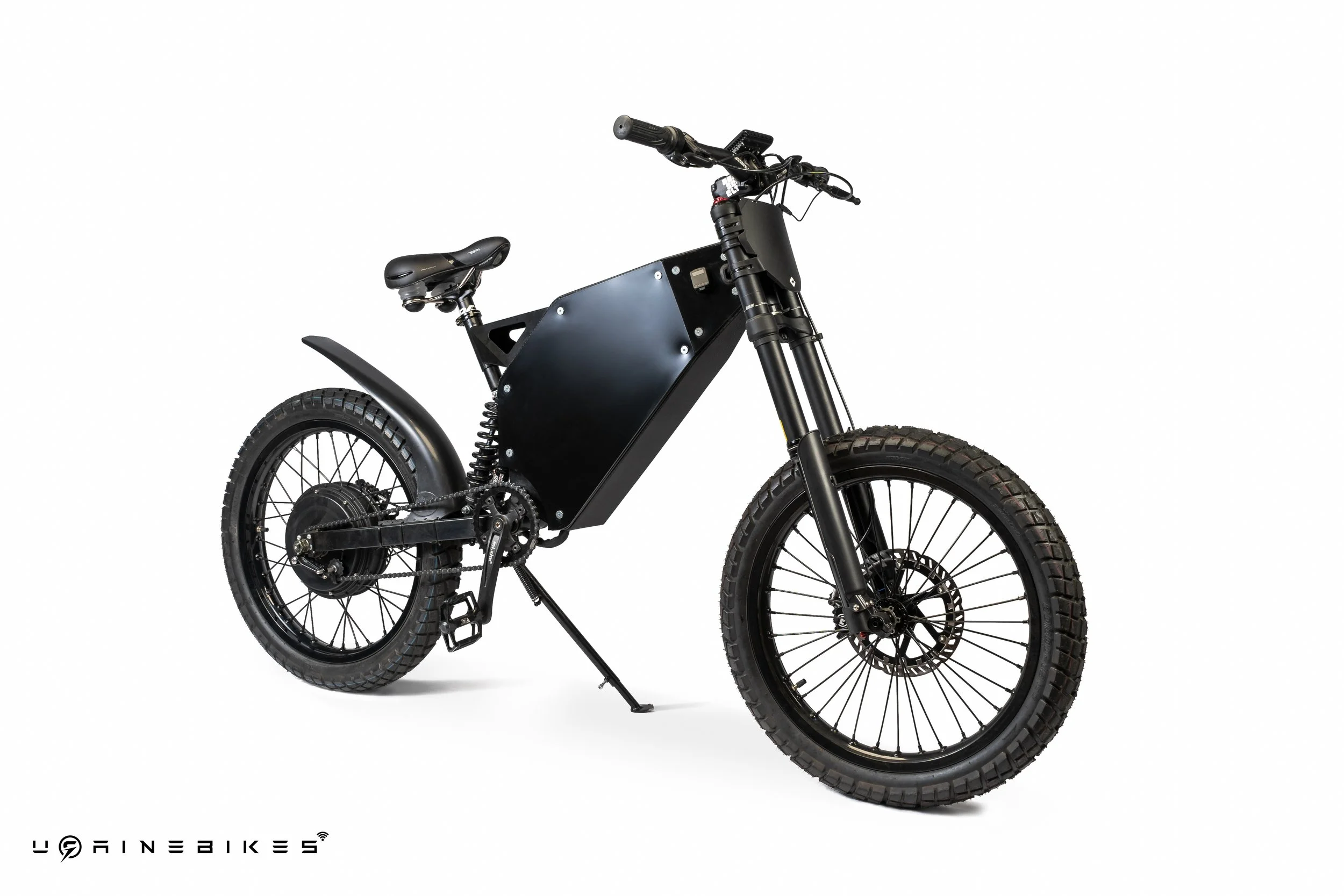 Black electric mountain bike with large tires, suspension fork, and a battery pack integrated into the frame, positioned against a white background with the logo 'LINE BIKES' at the bottom left corner.