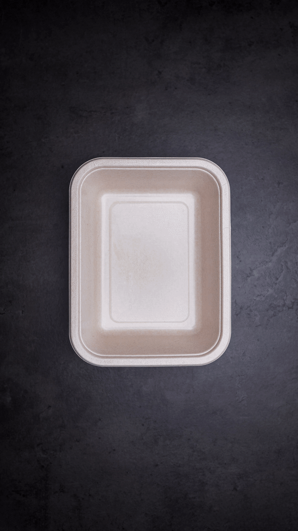 Empty rectangular beige biodegradable food container on black surface.